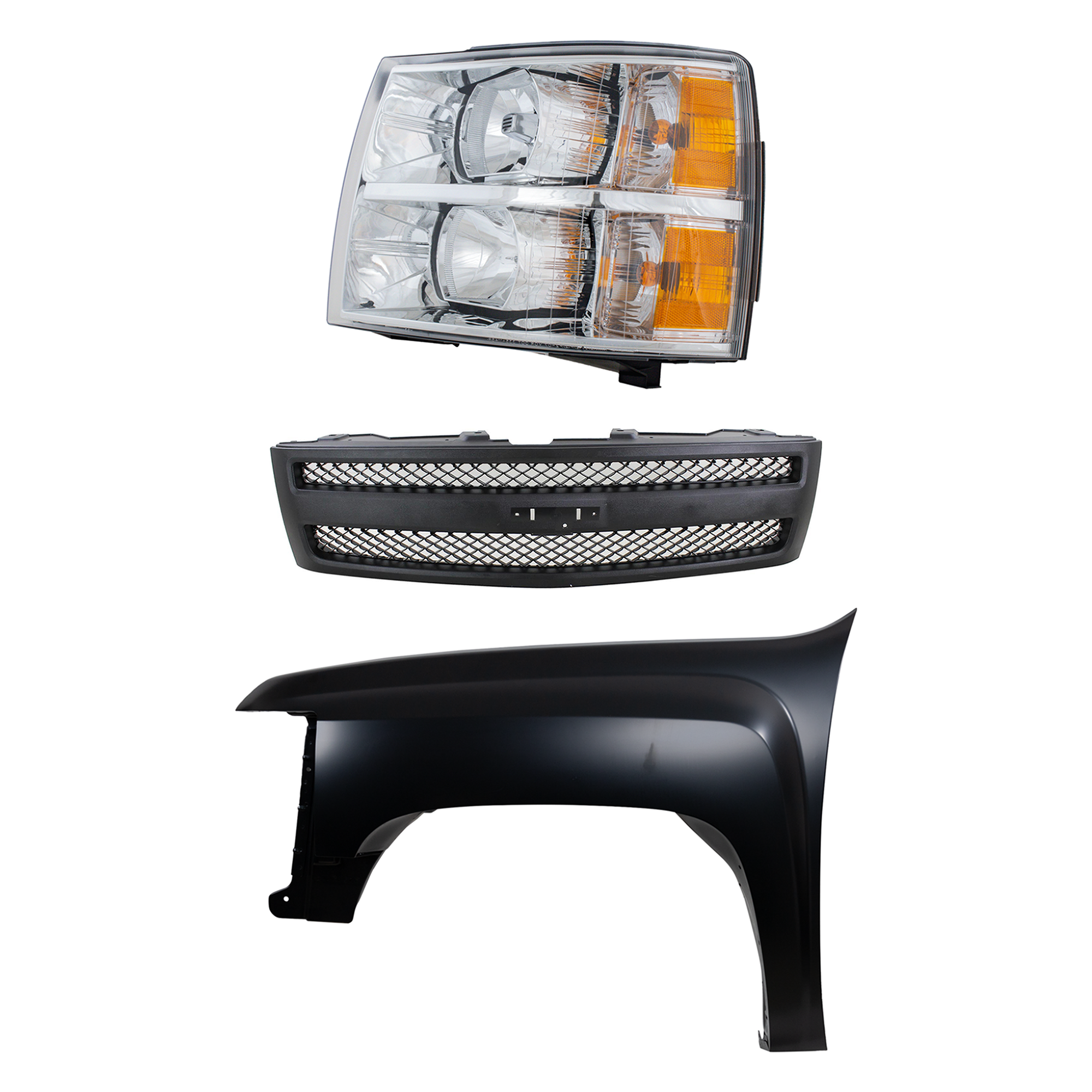 AM SILVERADO 1500-07-13 FRONT FENDER LH 3 pc Kit Primed Steel with Grille and Headlight SKU KIT 022123-14702 Partslink GM1240341 GM1200578 GM2502280 OEM 22977473-25810706-22829433-228