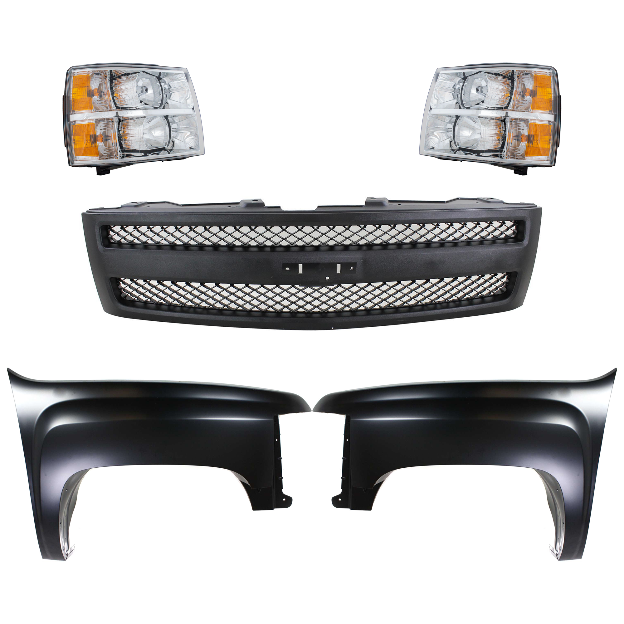 AM SILVERADO 1500-07-13 FRONT FENDER RH AND LH 5 pc Kit with Grille Assembly and Headlights SKU KIT 022123-147 Partslink GM1241341 GM1240341 GM1200578 GM2502280 GM2503280 OEM 22977474-22977473-25810706-228