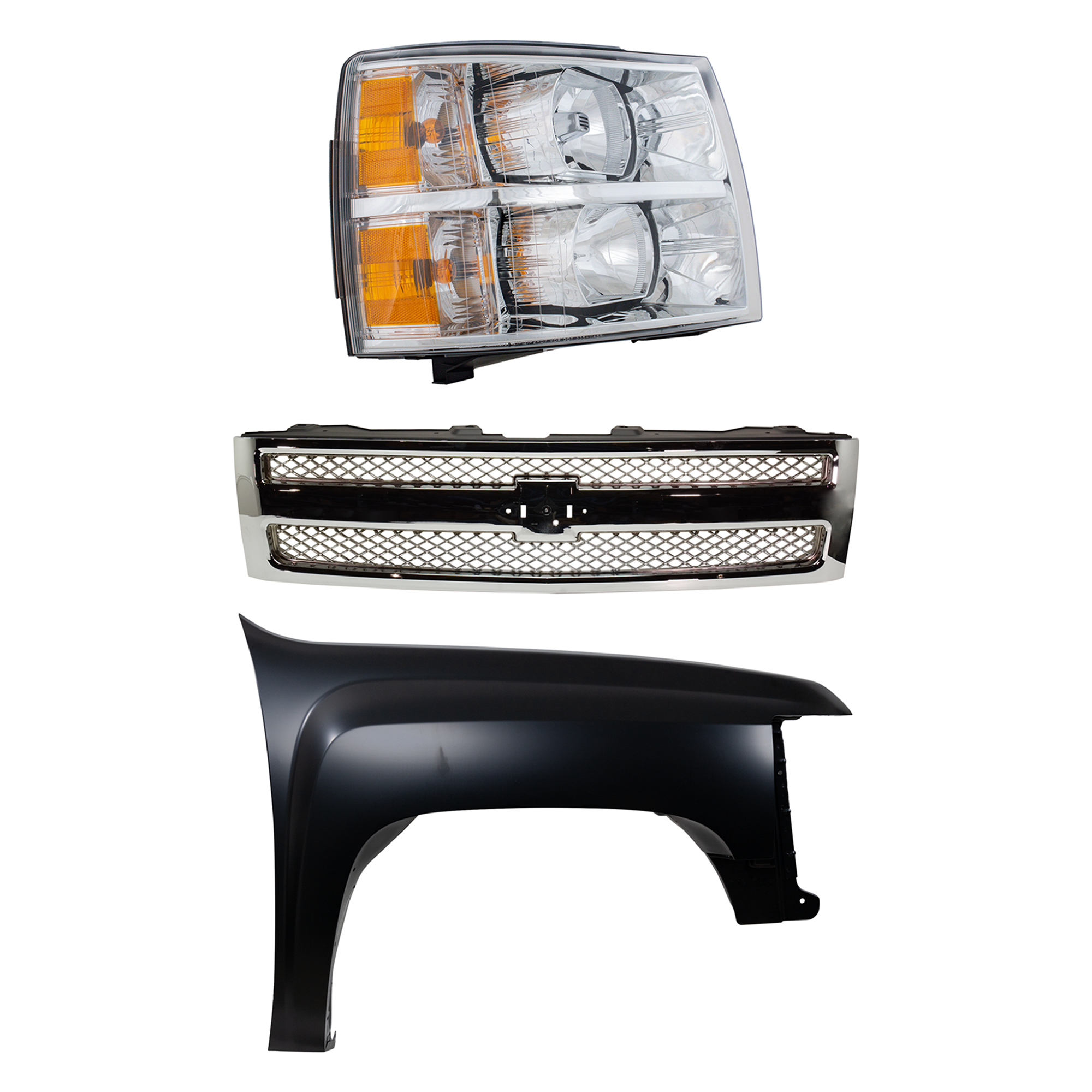 AM SILVERADO 1500-07-13 GRILLE 3 pc Kit with Fender and Headlight SKU KIT 022123-14901 Partslink GM1200655 GM1241341 GM2503280 OEM 22849840-22977474-22853028