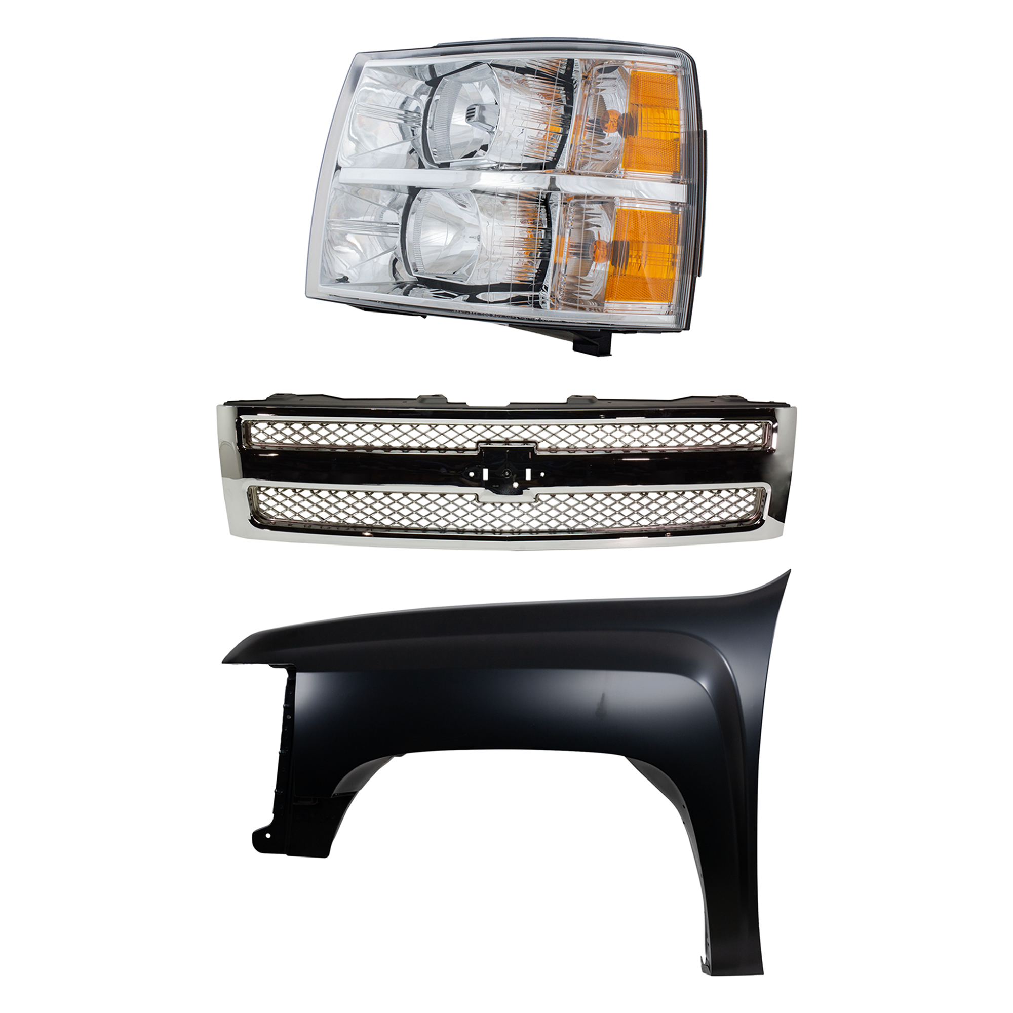 AM SILVERADO 1500-07-13 GRILLE 3 pc Kit with Fender and Headlight SKU KIT 022123-14902 Partslink GM1200655 GM1240341 GM2502280 OEM 22849840-22977473-22853027
