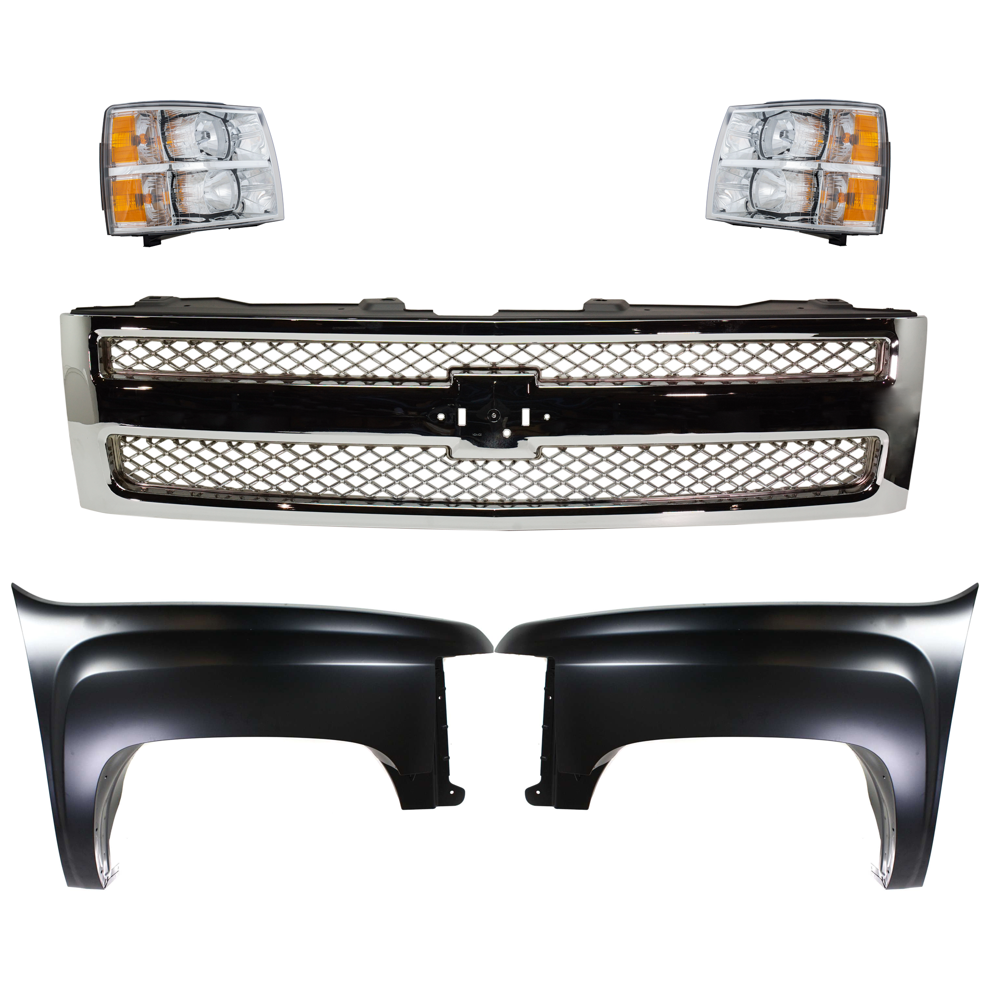 AM SILVERADO 1500-07-13 GRILLE 5 pc Kit with Fenders and Headlights SKU KIT 022123-149 Partslink GM1200655 GM1240341 GM1241341 GM2502280 GM2503280 OEM 22849840-22977473-22977474-228