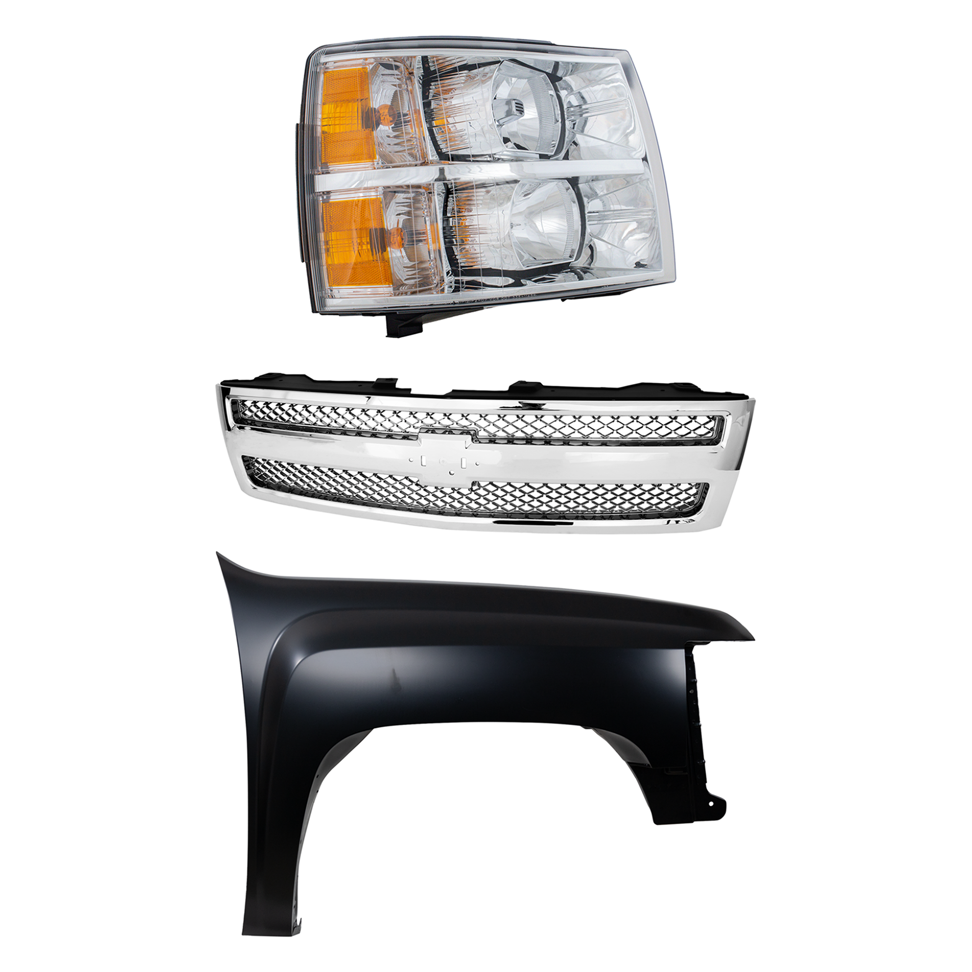 AM SILVERADO 1500-07-13 GRILLE 3 pc Kit with Fender and Headlight CAPA SKU KIT 022123-15301 Partslink GM1200655C GM1241341C GM2503280C OEM 22849840-22853028-22977474
