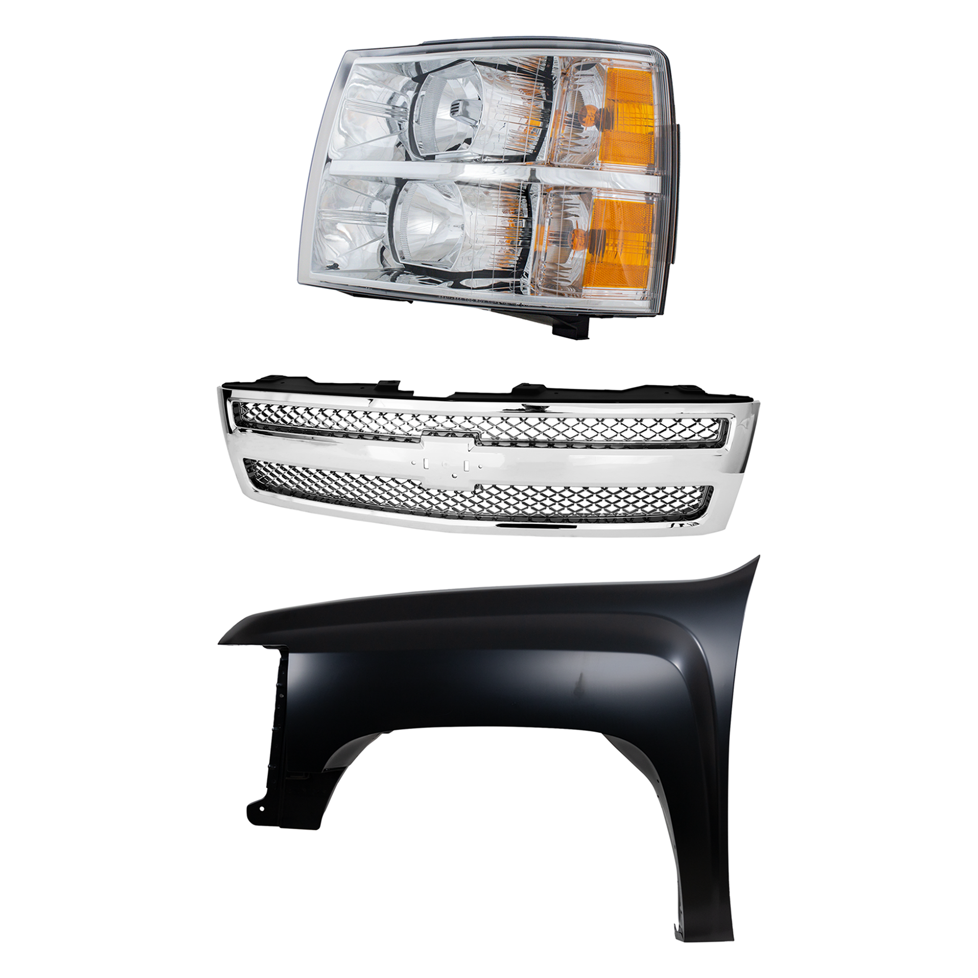 AM SILVERADO 1500-07-13 GRILLE 3 pc Kit with Fender and Headlight CAPA SKU KIT 022123-15302 Partslink GM1200655C GM1240341C GM2502280C OEM 22849840-22853027-22977473