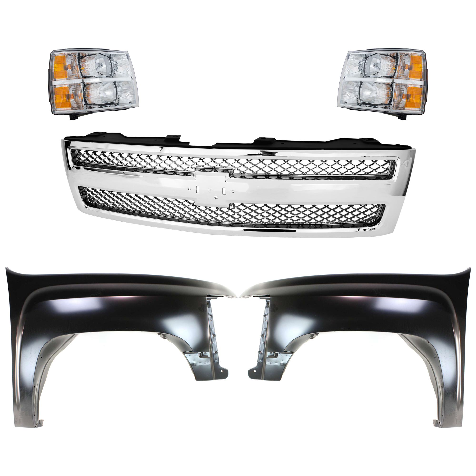 AM SILVERADO 1500-07-13 GRILLE 5 pc Kit with Fenders and Headlights SKU KIT 022123-153 Partslink GM1200655C GM1240341C GM1241341C GM2502280C GM2503280C OEM 22849840-22853027-22853028-229
