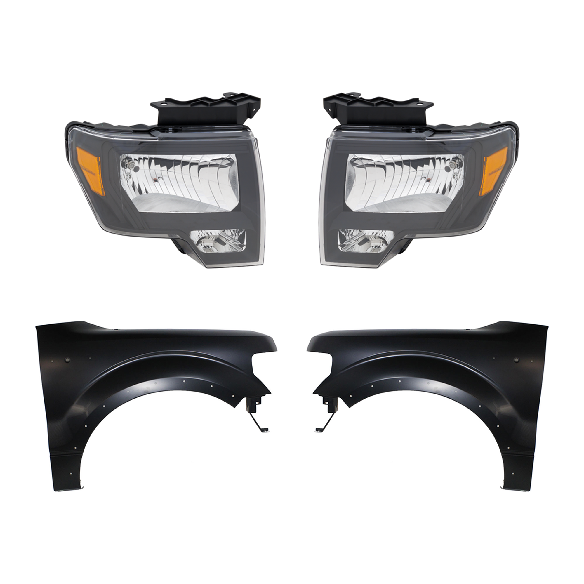 AM F 150-09-14 FRONT FENDER RH AND LH 4 pc Kit Primed Steel with Headlight CAPA SKU KIT 022123-17903 Partslink FO1240273C FO1241273C OEM BL3Z16006B CL3Z16005B DL3Z1300