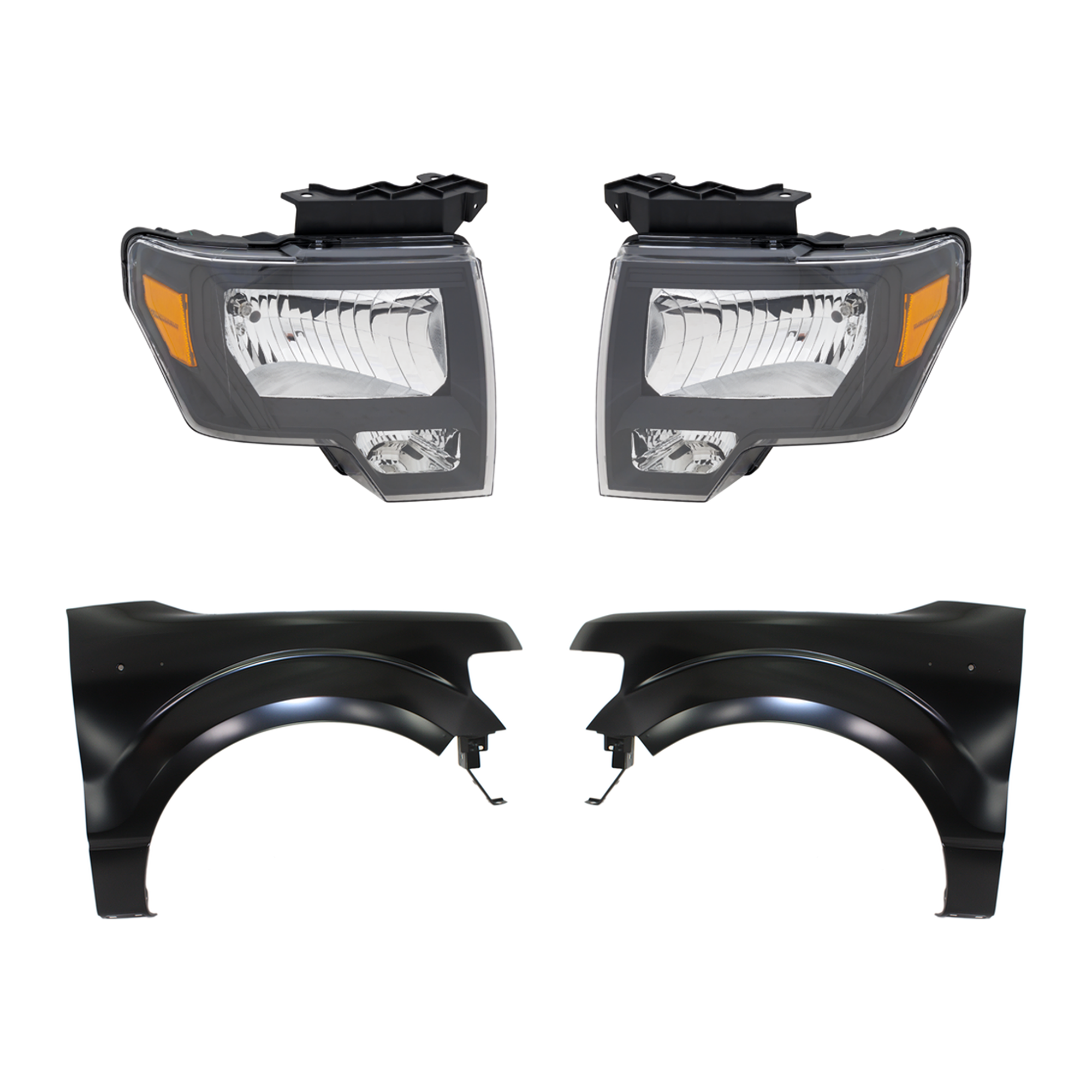 AM F 150-09-14 HEAD LAMP RH AND LH 4 pc Kit Lens and Housing Halogen with Fenders SKU KIT 022123-18103 Partslink FO1240272C FO1241272C OEM BL3Z16006A CL3Z16005A DL3Z1300