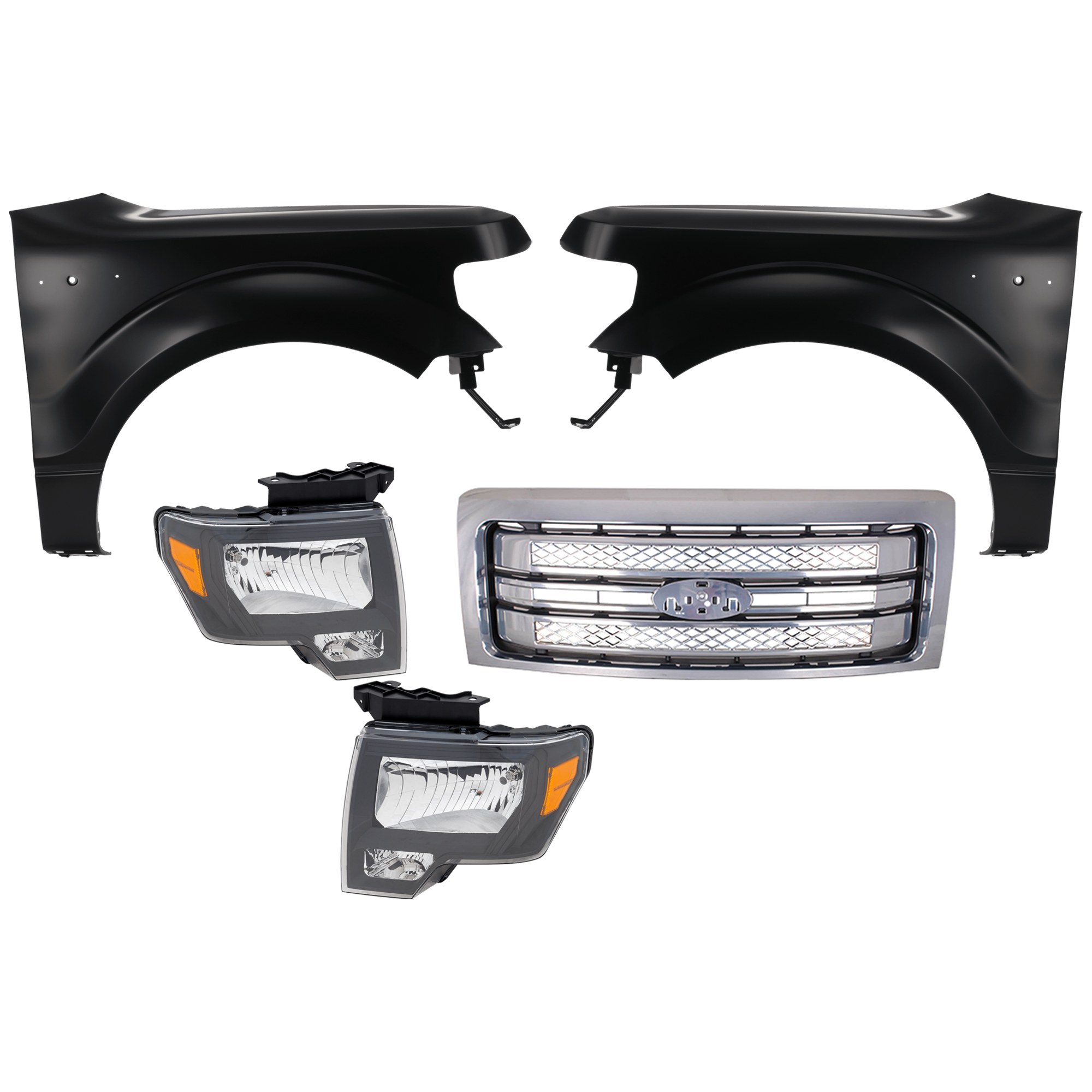 AM F 150-13-14 HEAD LAMP RH AND LH Lens and Housing Halogen 5 pc Kit with Fenders and Grille Assembly SKU KIT 022123-185 Partslink FO1200631C FO1240272C FO1241272C OEM BL3Z16006A CL3Z16005A DL3Z1300