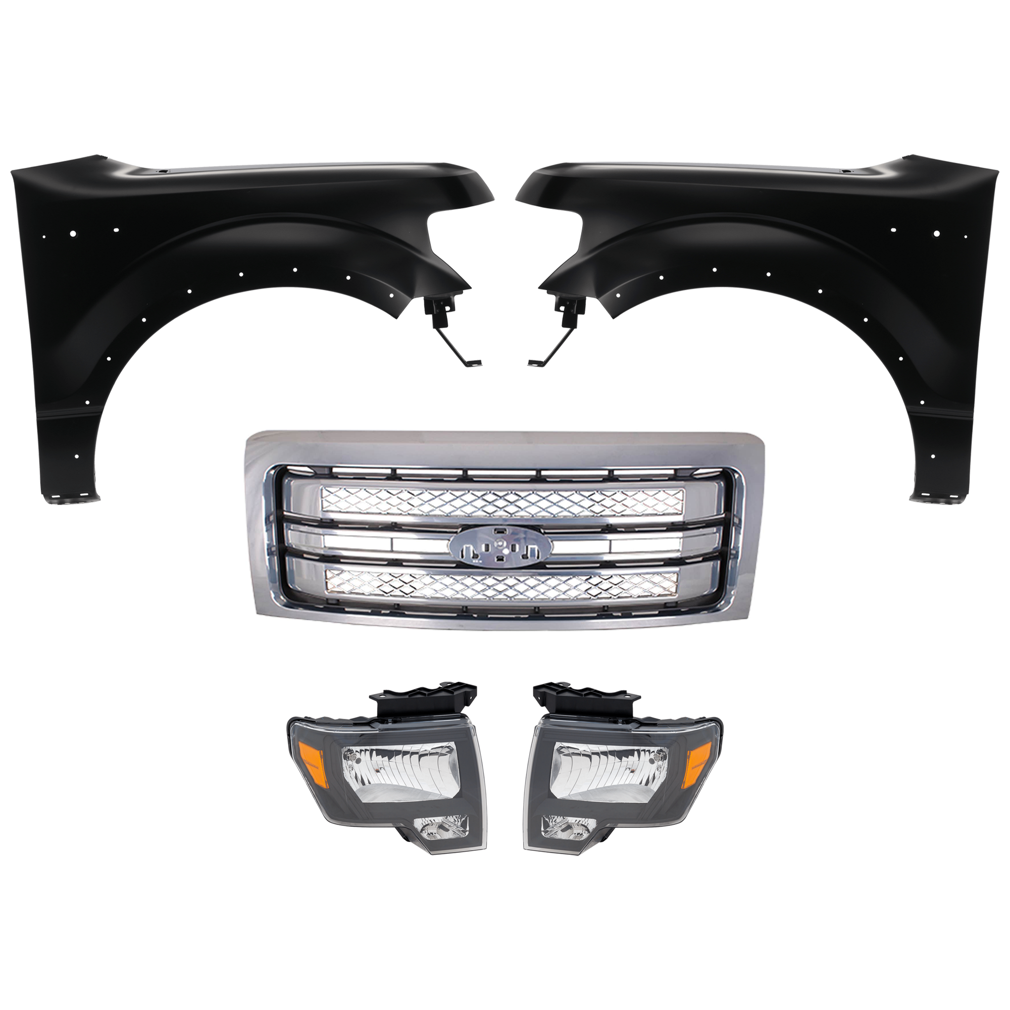 AM F 150-13-14 FRONT FENDER RH AND LH Primed 5 pc Kit with Grille and Headlights SKU KIT 022123-187 Partslink FO1200631C FO1240273C FO1241273C OEM BL3Z16006B CL3Z16005B DL3Z1300