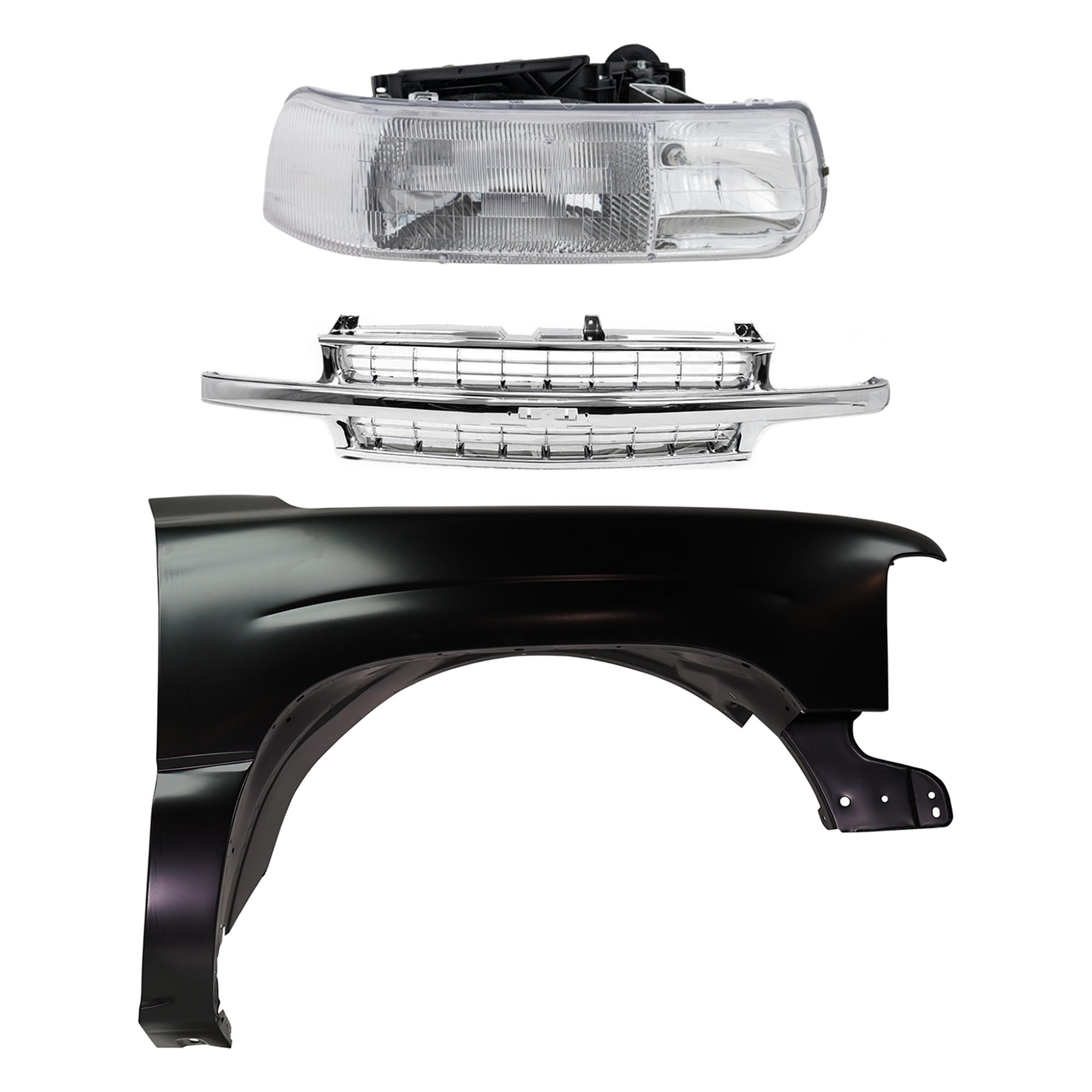 AM SILVERADO 1500-2500-99-02 FRONT FENDER RH Primed 3 pc Kit with Grille and Headlight CAPA SKU KIT 022123-2701 Partslink GM1241267C GM2503187C OEM 12476220-16526134-88968934 PFM