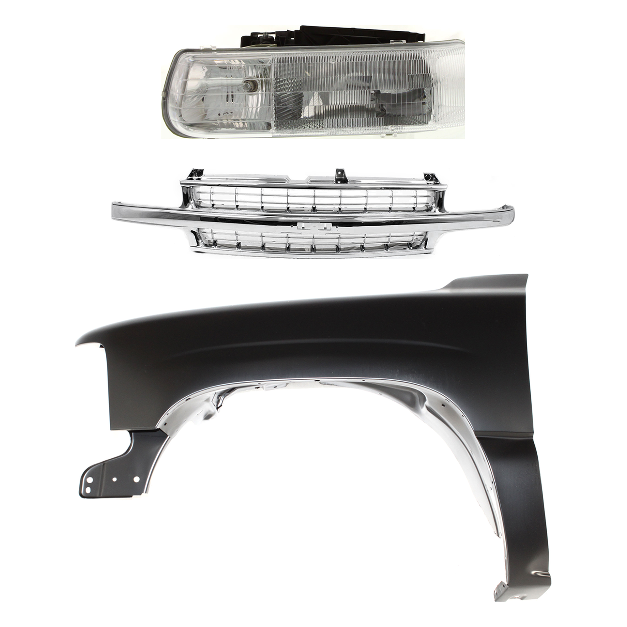 AM SILVERADO 1500-2500-99-02 FRONT FENDER LH Primed 3 pc Kit with Grille and Headlight SKU KIT 022123-2702 Partslink GM1240267C GM2502187C OEM 16526133-19168844-88968934 PFM