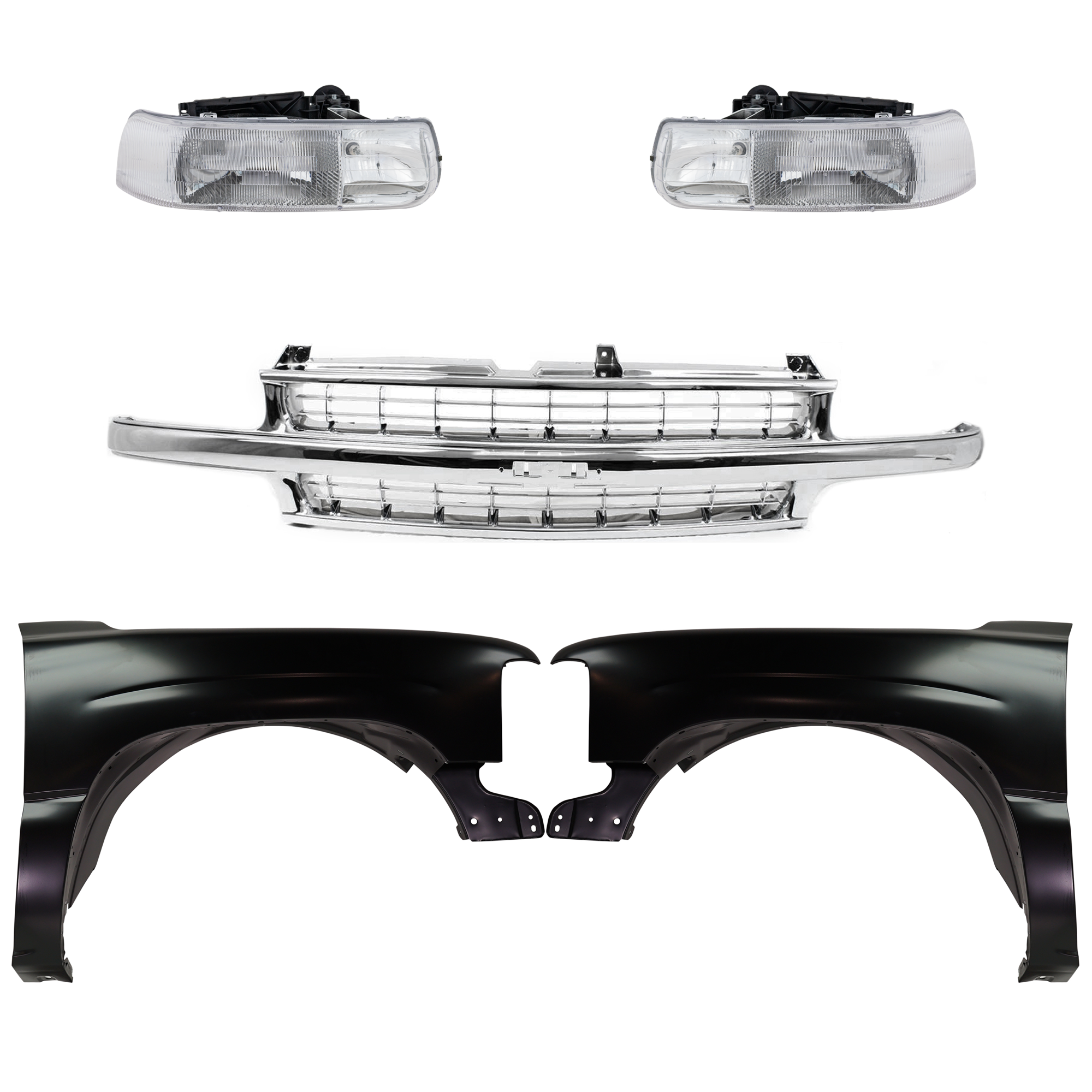 AM SILVERADO 1500-2500-99-02 FRONT FENDER RH AND LH Primed 5 pc Kit with Grille and Headlights SKU KIT 022123-27 Partslink GM1240267C GM1241267C GM2502187C GM2503187C OEM 12476220-16526133-16526134-191