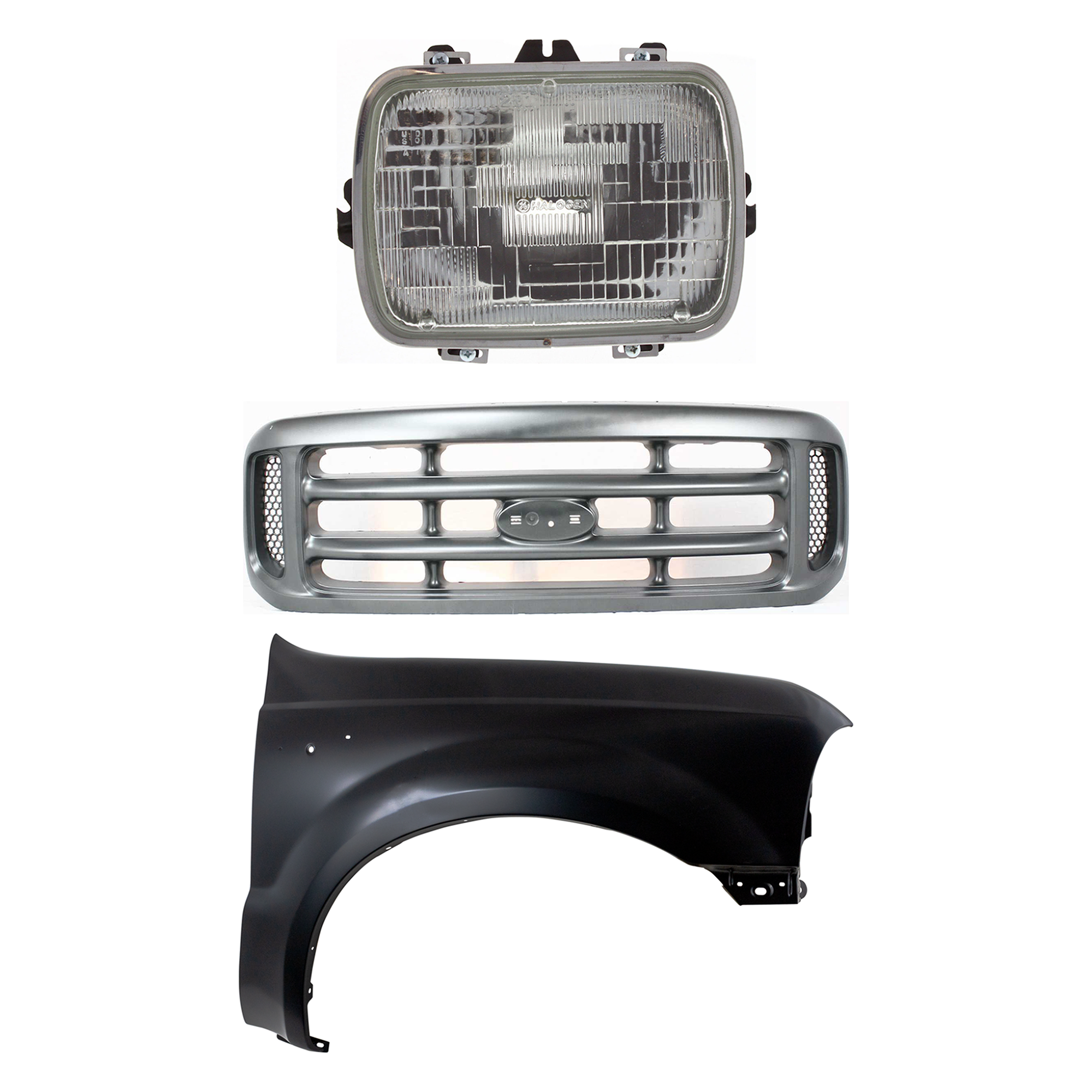 AM F 250 F 350 F 450 SUPER DUTY 99-04 GRILLE 3 pc Kit Cross Bar Insert Painted Silver with Fender and Headlight SKU KIT 022123-36201 Partslink FO1200362 FO1241208 GM2500112 OEM YC3Z8200AAA F81Z16005AA 259496