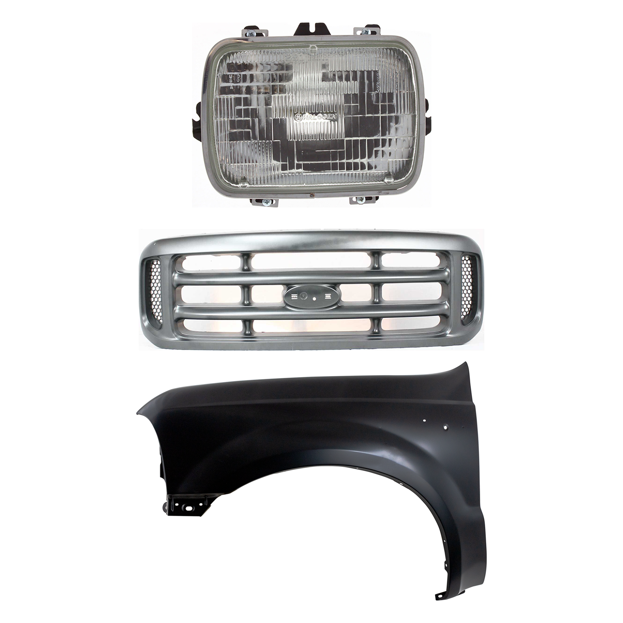 AM F 250 F 350 F 450 SUPER DUTY 99-04 GRILLE 3 pc Kit Cross Bar Insert Painted Silver with Fender and Headlight SKU KIT 022123-36202 Partslink FO1200362 FO1240208 GM2500112 OEM YC3Z8200AAA F81Z16006AA 259496