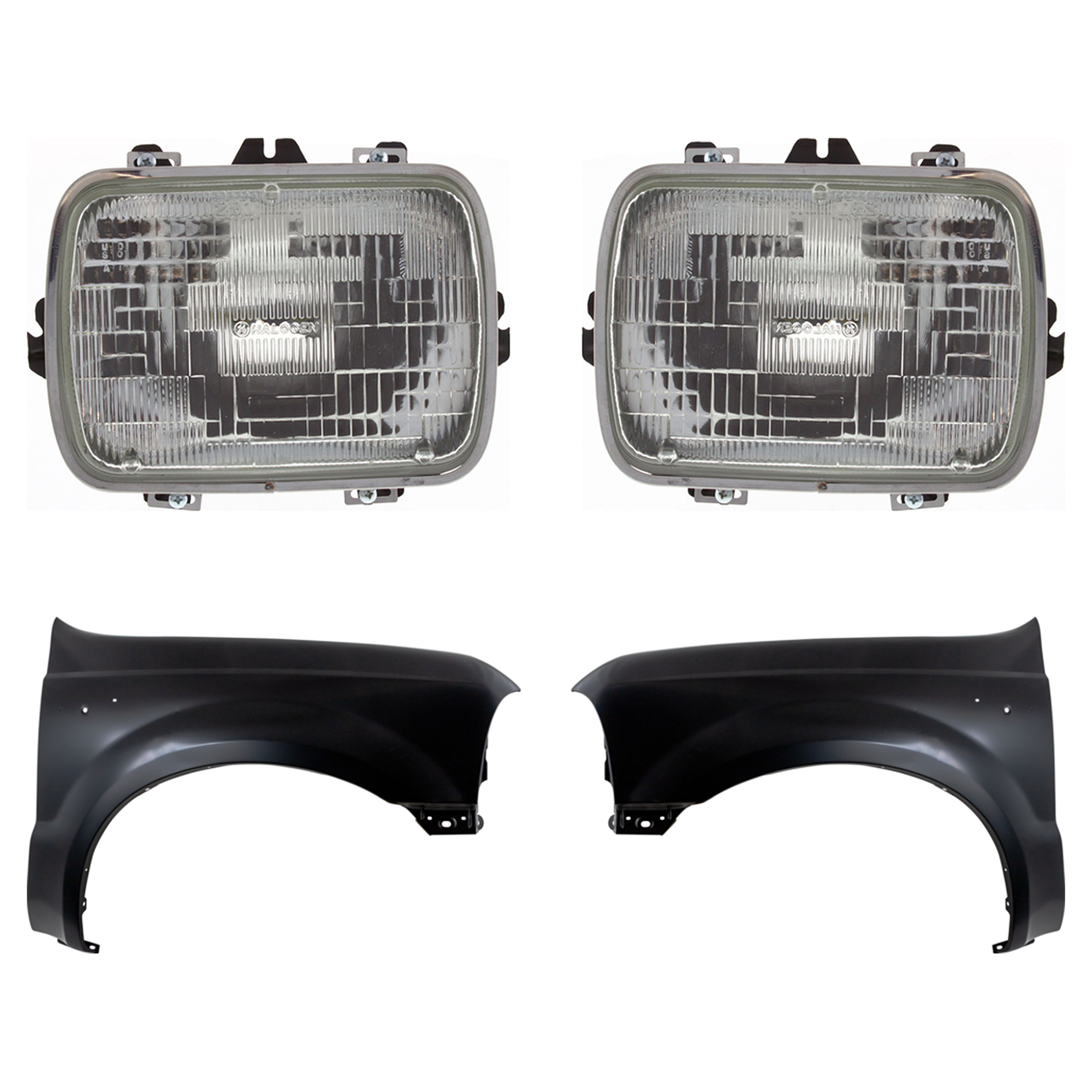 AM F 250 F 350 F 450 SUPER DUTY 99-04 FRONT FENDER RH AND LH 4 pc Kit Primed with Headlight SKU KIT 022123-36203 Partslink FO1241208 FO1240208 GM2500112 OEM F81Z16005AA F81Z16006AA 259496