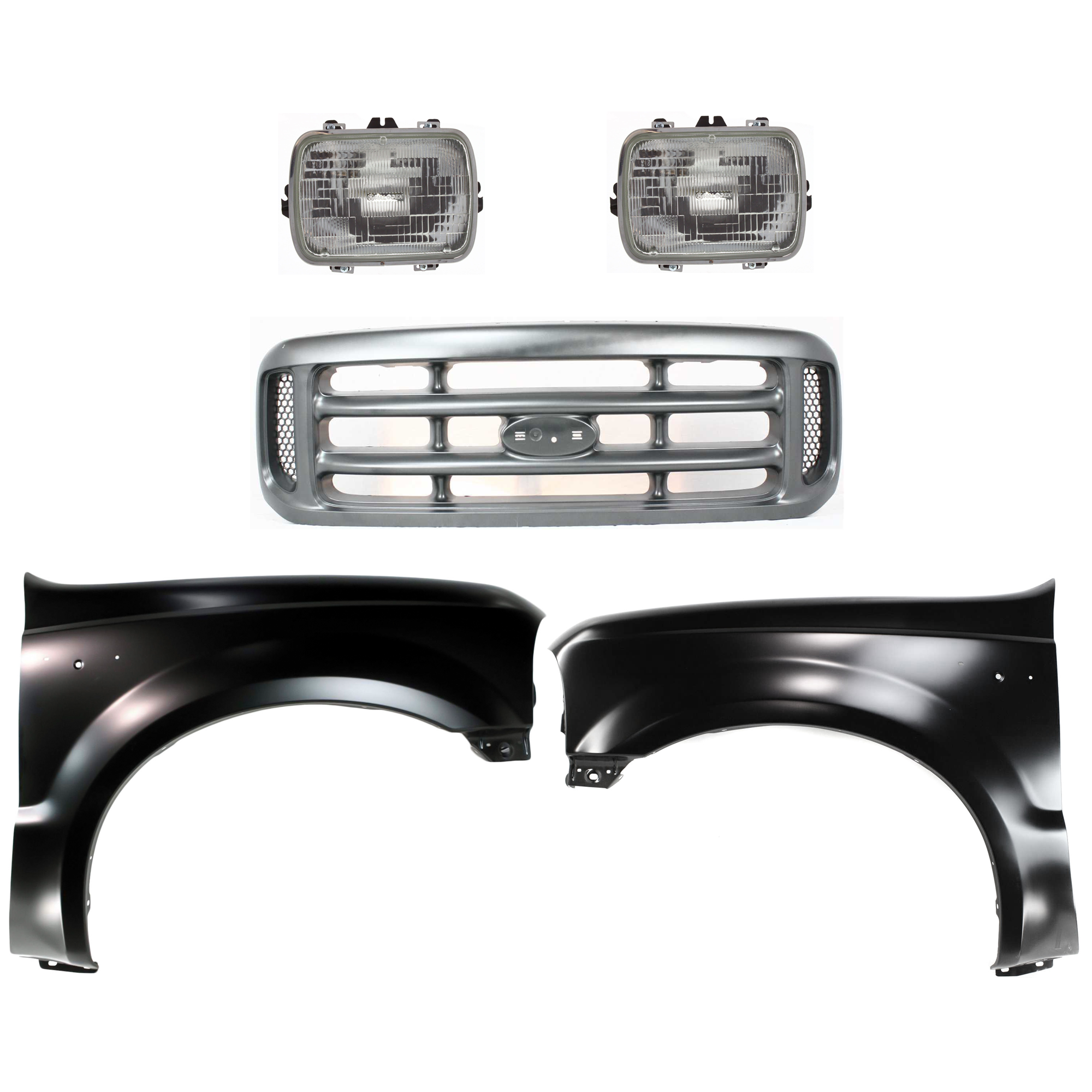 AM F 250 F 350 F 450 SUPER DUTY 99-04 GRILLE 5 pc Kit Cross Bar Insert Painted Silver with Fender and Headlight SKU KIT 022123-362 Partslink FO1200362 FO1240208 FO1241208 GM2500112 OEM YC3Z8200AAA F81Z16006AA F81Z16