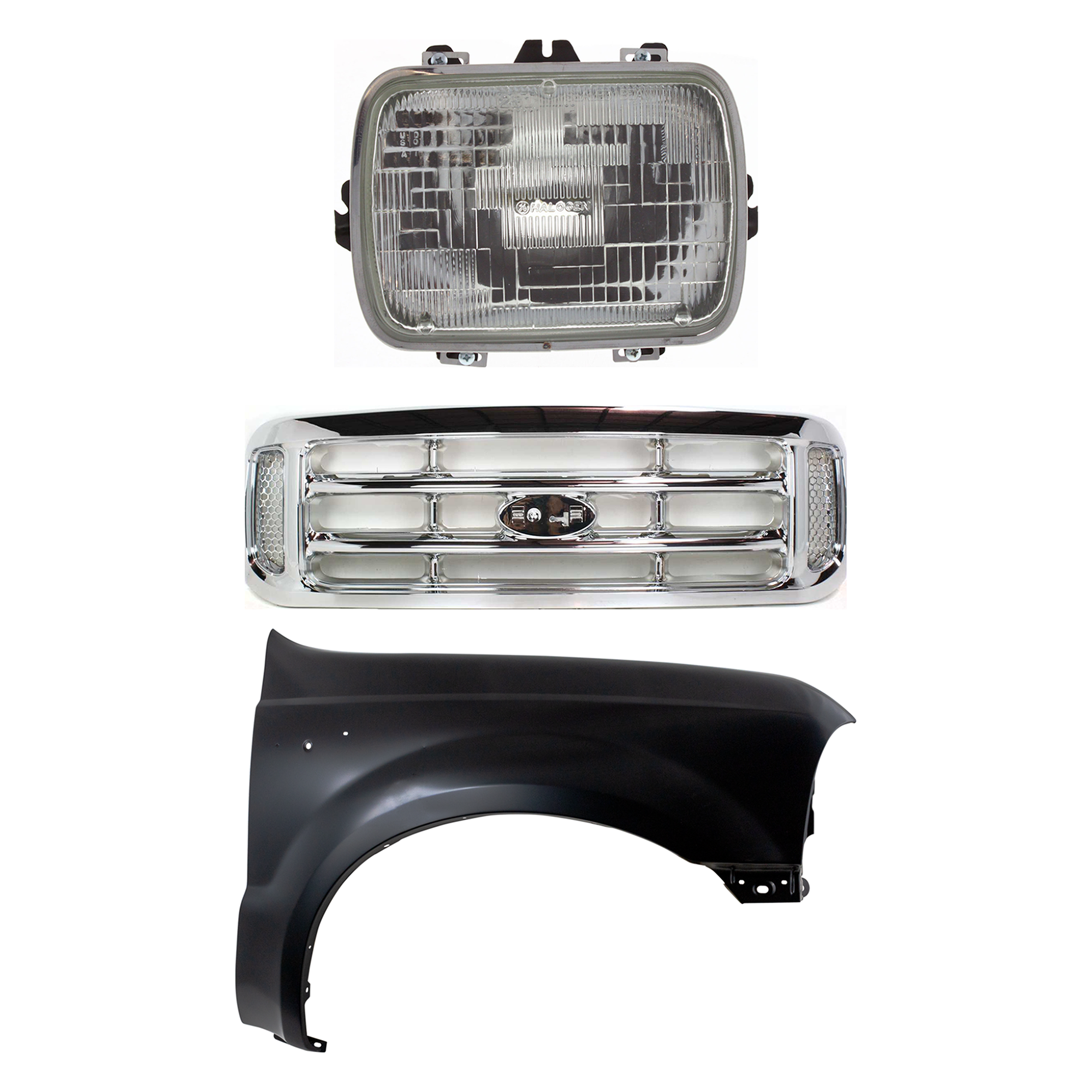 AM F 250 F 350 F 450 SUPER DUTY 99-04 GRILLE 3 pc Kit Cross Bar Insert Chrome Plastic with Fender and Headlight SKU KIT 022123-36401 Partslink FO1200417 FO1241208 GM2500112 OEM F81Z8200 F81Z16005AA 25949657