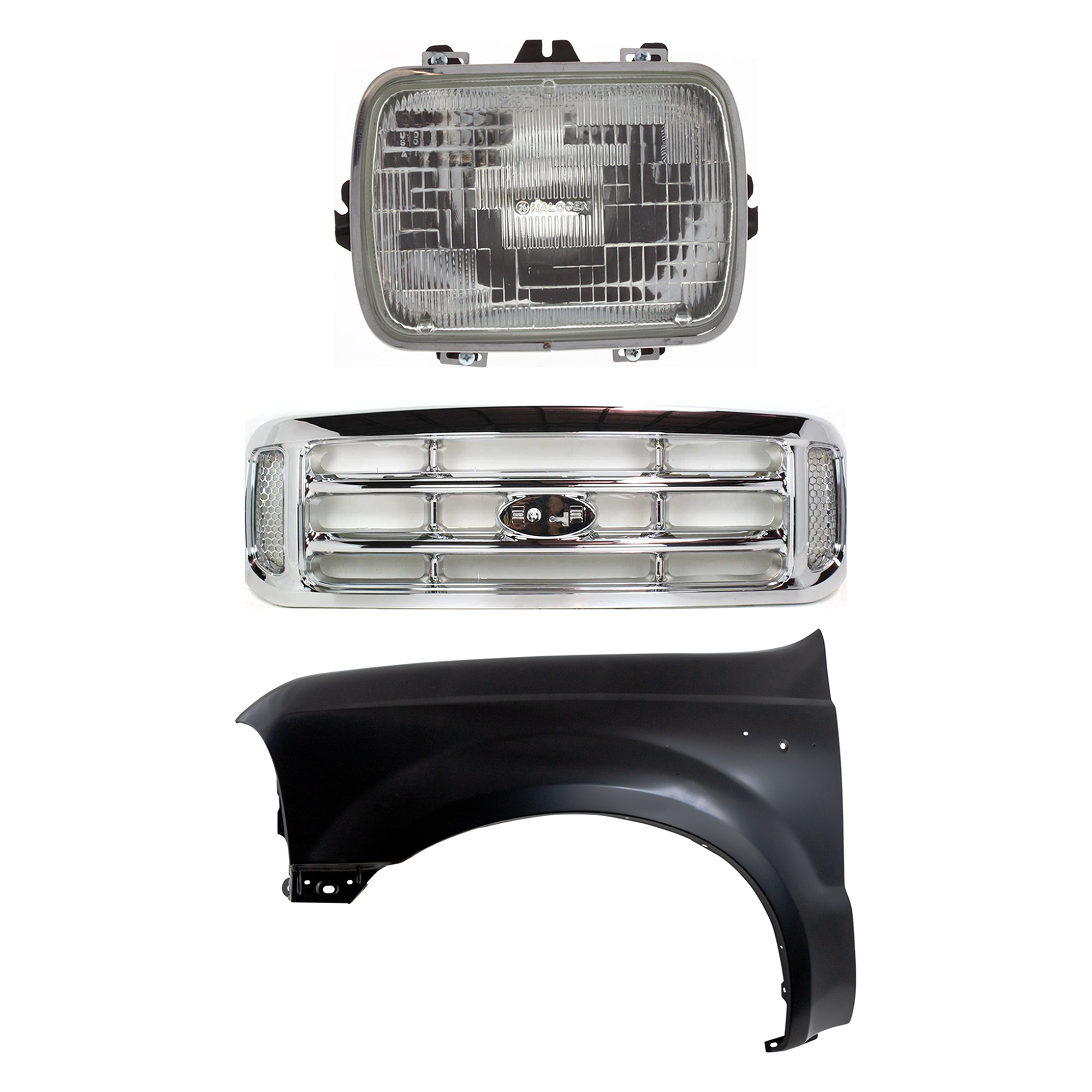 AM F 250 F 350 F 450 SUPER DUTY 99-04 GRILLE 3 pc Kit Cross Bar Insert Chrome Plastic with Fender and Headlight SKU KIT 022123-36402 Partslink FO1200417 FO1240208 GM2500112 OEM F81Z8200 F81Z16006AA 25949657