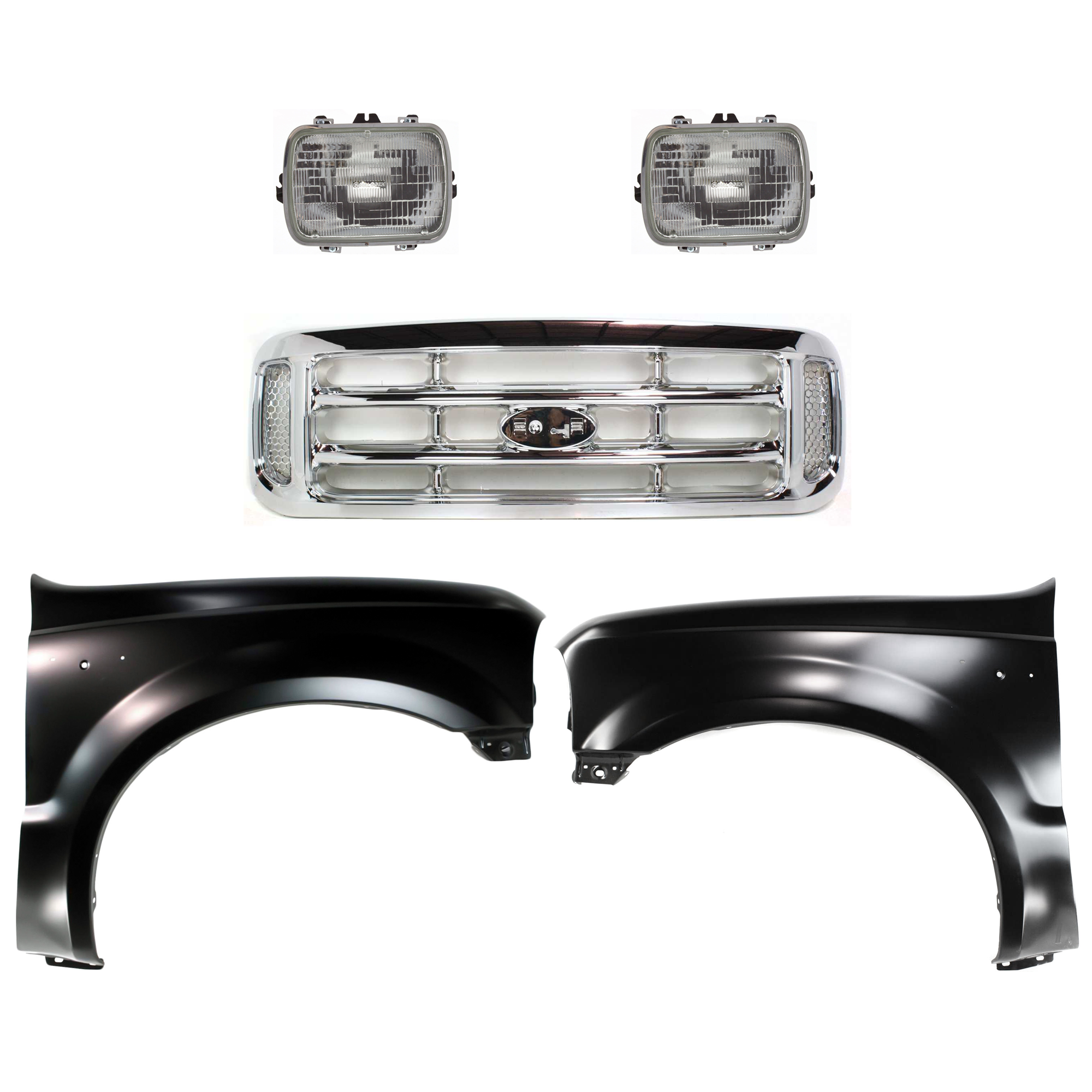 AM F 250 F 350 F 450 SUPER DUTY 99-04 GRILLE 5 pc Kit Cross Bar Insert Chrome Plastic with Fender and Headlight SKU KIT 022123-364 Partslink FO1200417 FO1240208 FO1241208 GM2500112 OEM F81Z8200 F81Z16006AA F81Z16005