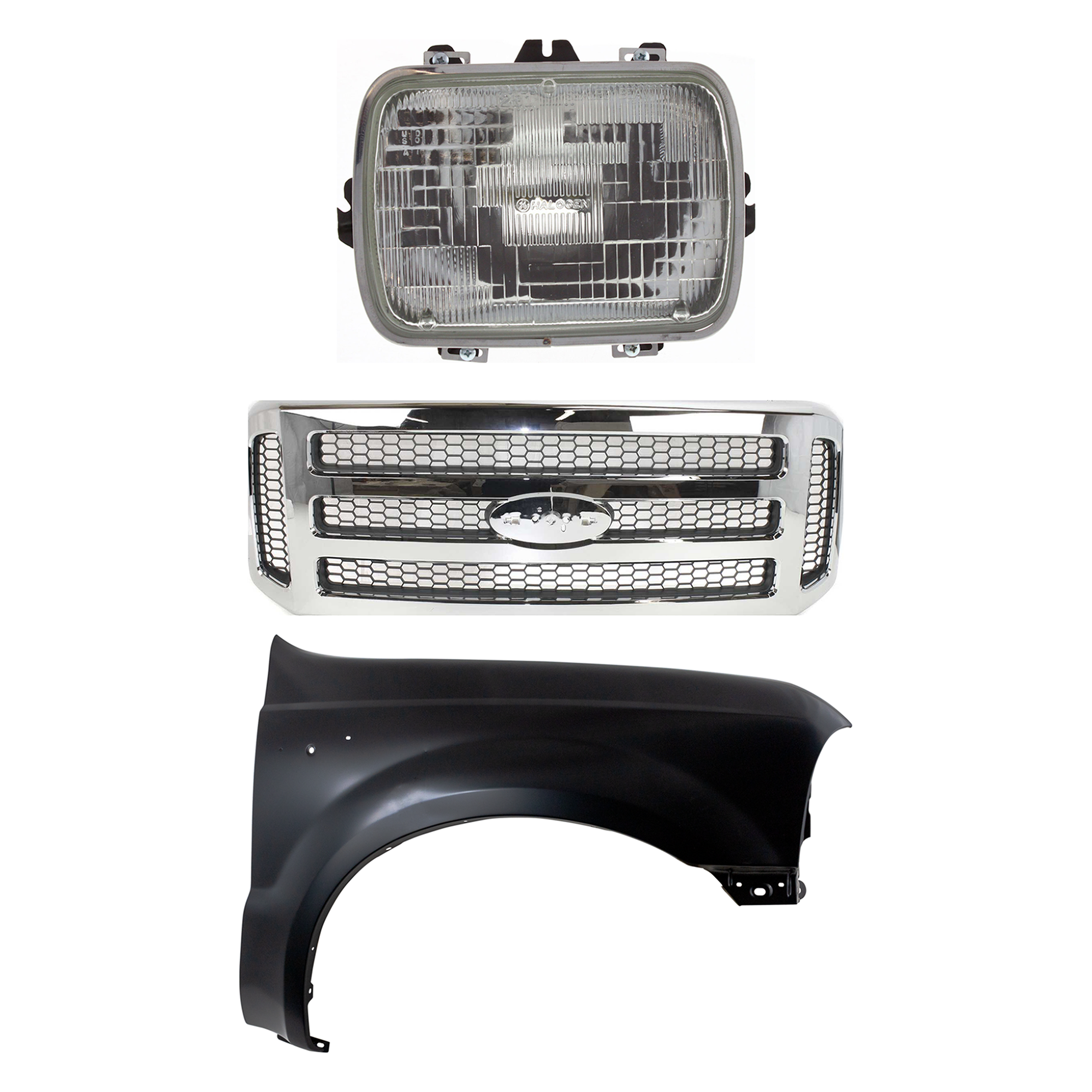 AM F 250 F 350 SUPER DUTY 05-07 GRILLE 3 pc Kit Chrome Shell w Painted Gray Insert with Fender and Headlight SKU KIT 022123-37201 Partslink FO1200456 FO1241208 GM2500112 OEM 6C3Z8200BC 5C3Z8200BAA F81Z160