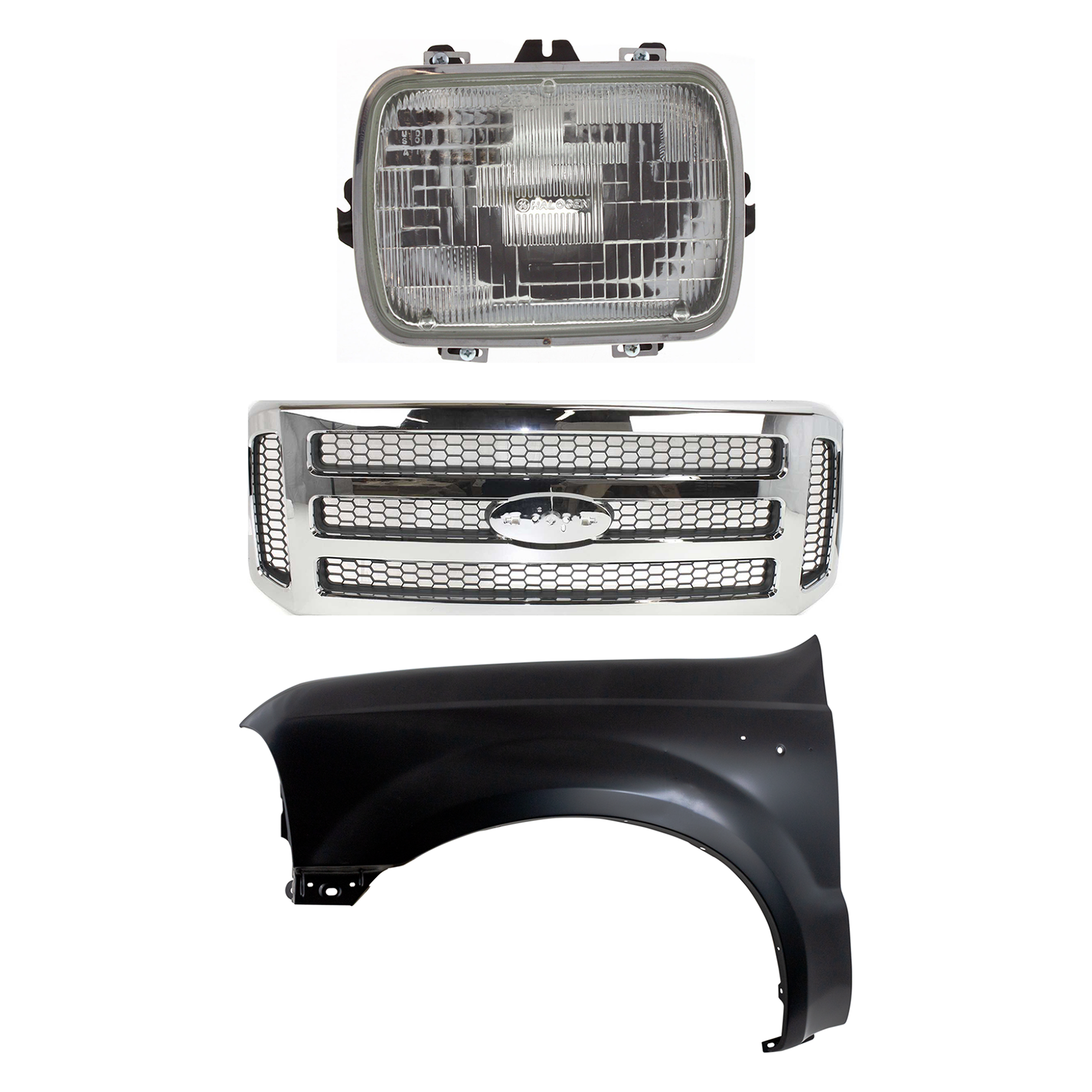 AM F 250 F 350 SUPER DUTY 05-07 GRILLE 3 pc Kit Chrome Shell w Painted Gray Insert with Fender and Headlight SKU KIT 022123-37202 Partslink FO1200456 FO1240208 GM2500112 OEM 6C3Z8200BC 5C3Z8200BAA F81Z160