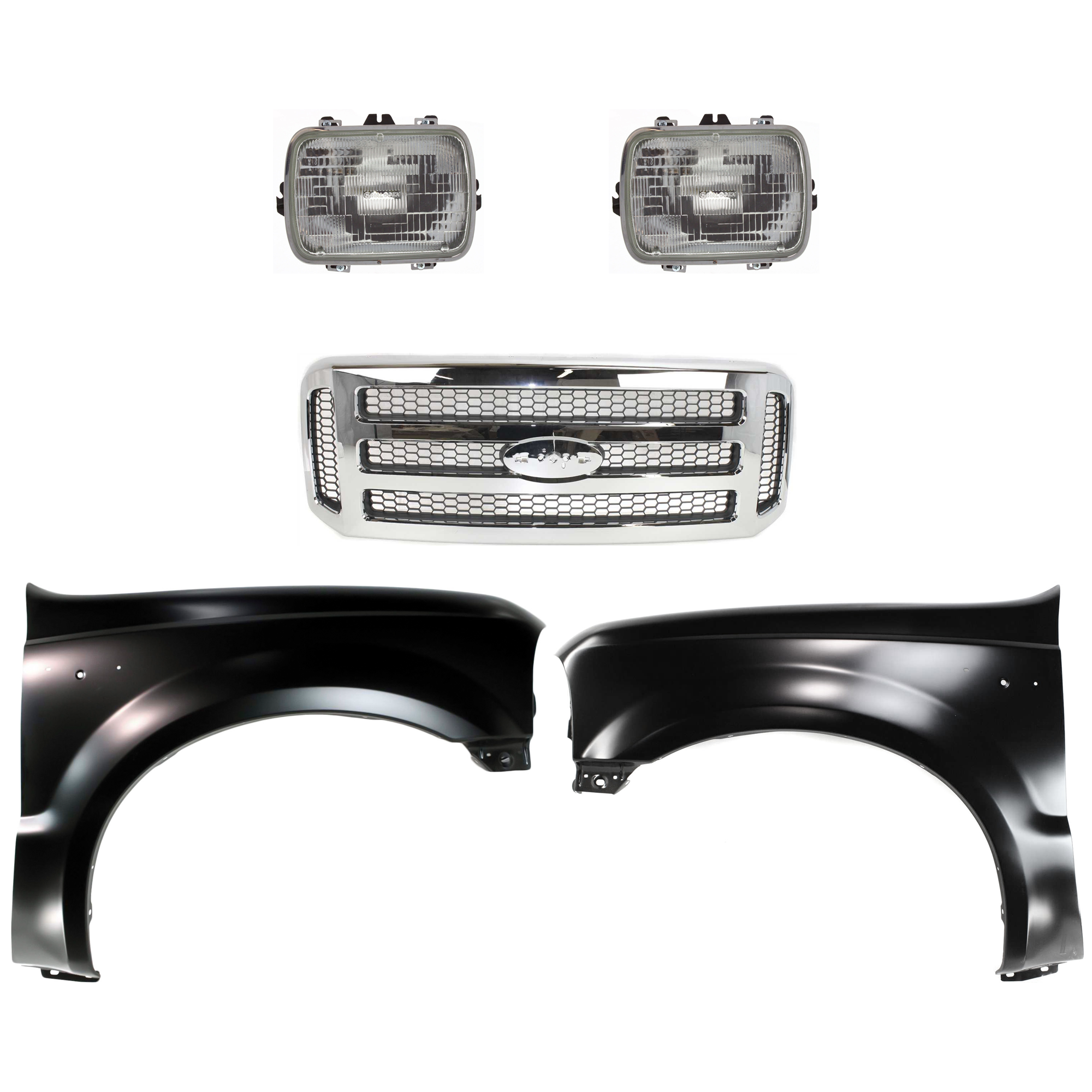 AM F 250 F 350 SUPER DUTY 05-07 GRILLE 5 pc Kit Chrome Shell w Painted Gray Insert with Fender and Headlight SKU KIT 022123-372 Partslink FO1200456 FO1240208 FO1241208 GM2500112 OEM 6C3Z8200BC 5C3Z8200BAA F81Z160