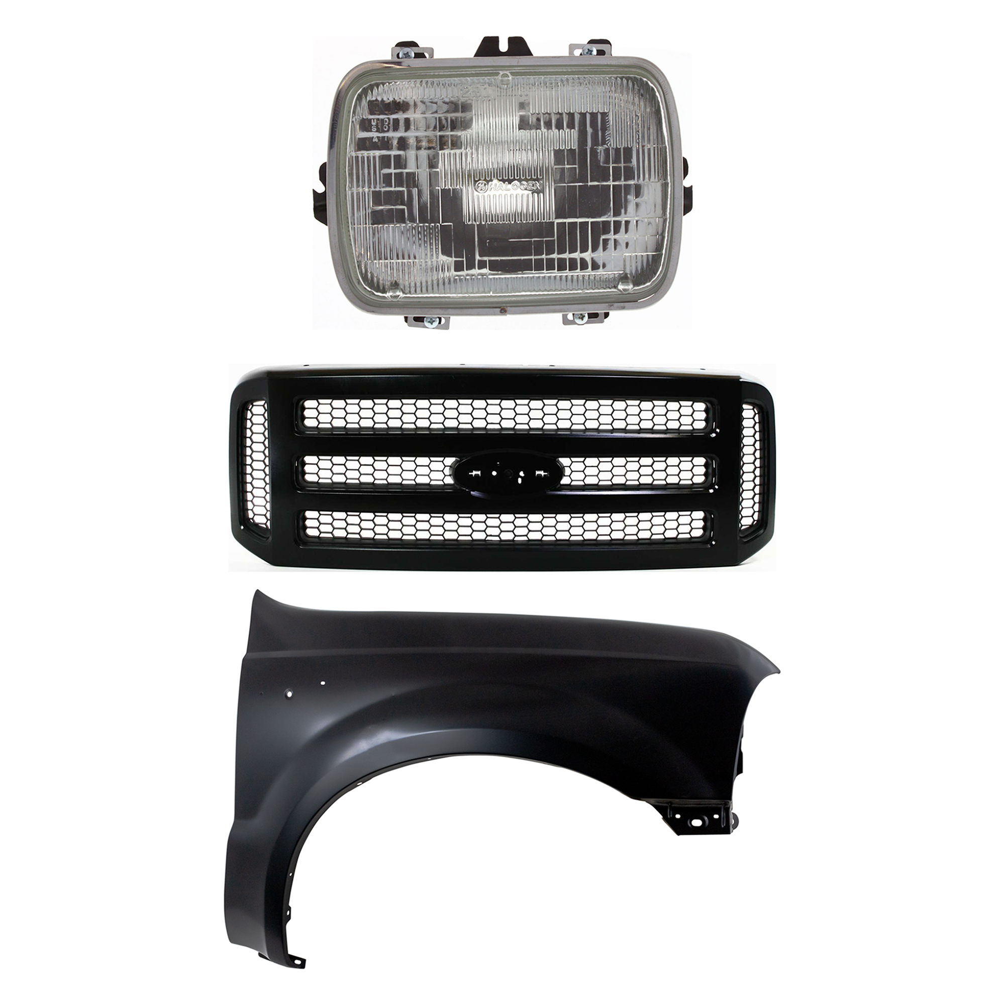 AM F 250 F 350 SUPER DUTY 05-07 FRONT FENDER RH 3 pc Kit Primed with Grille and Headlight SKU KIT 022123-37301 Partslink FO1241208 FO1200457 GM2500112 OEM 25949657-5C3Z8200CAD 6C3Z8200C