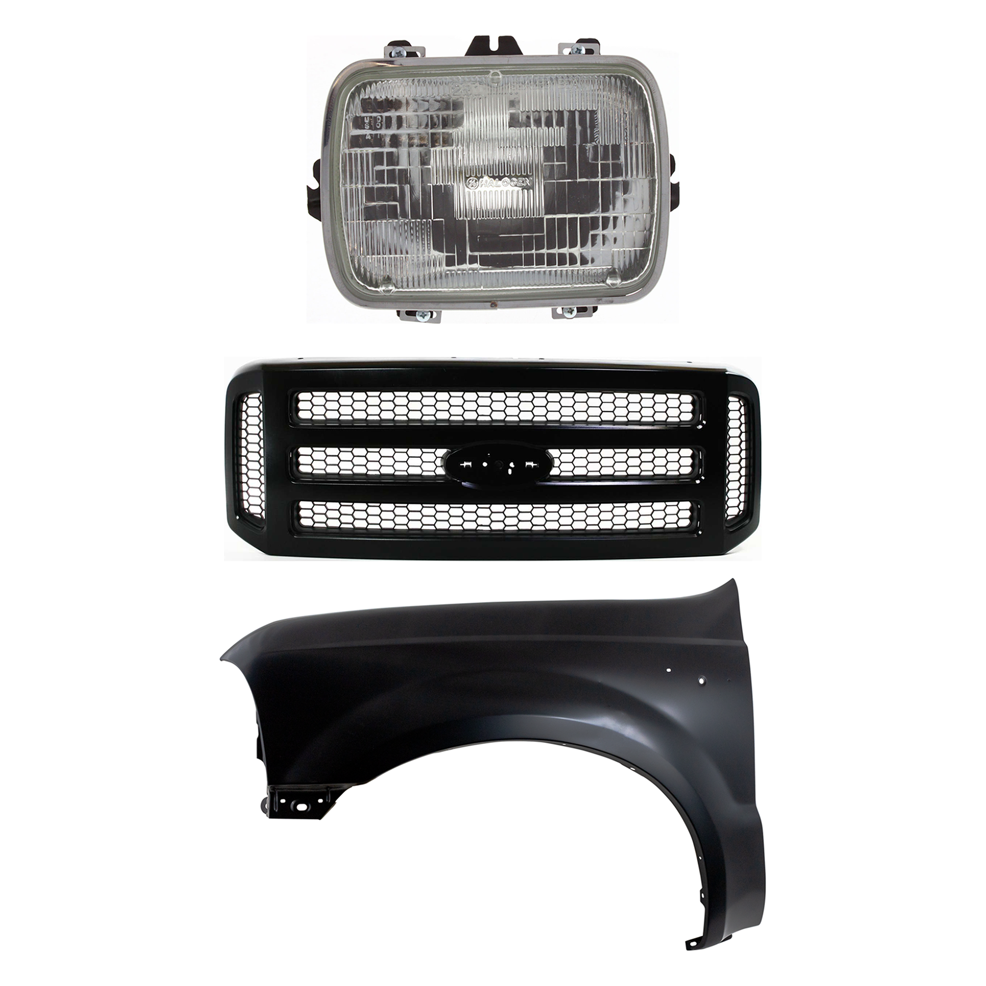 AM F 250 F 350 SUPER DUTY 05-07 FRONT FENDER LH 3 pc Kit Primed with Grille and Headlight SKU KIT 022123-37302 Partslink FO1240208 FO1200457 GM2500112 OEM 25949657-5C3Z8200CAD 6C3Z8200C