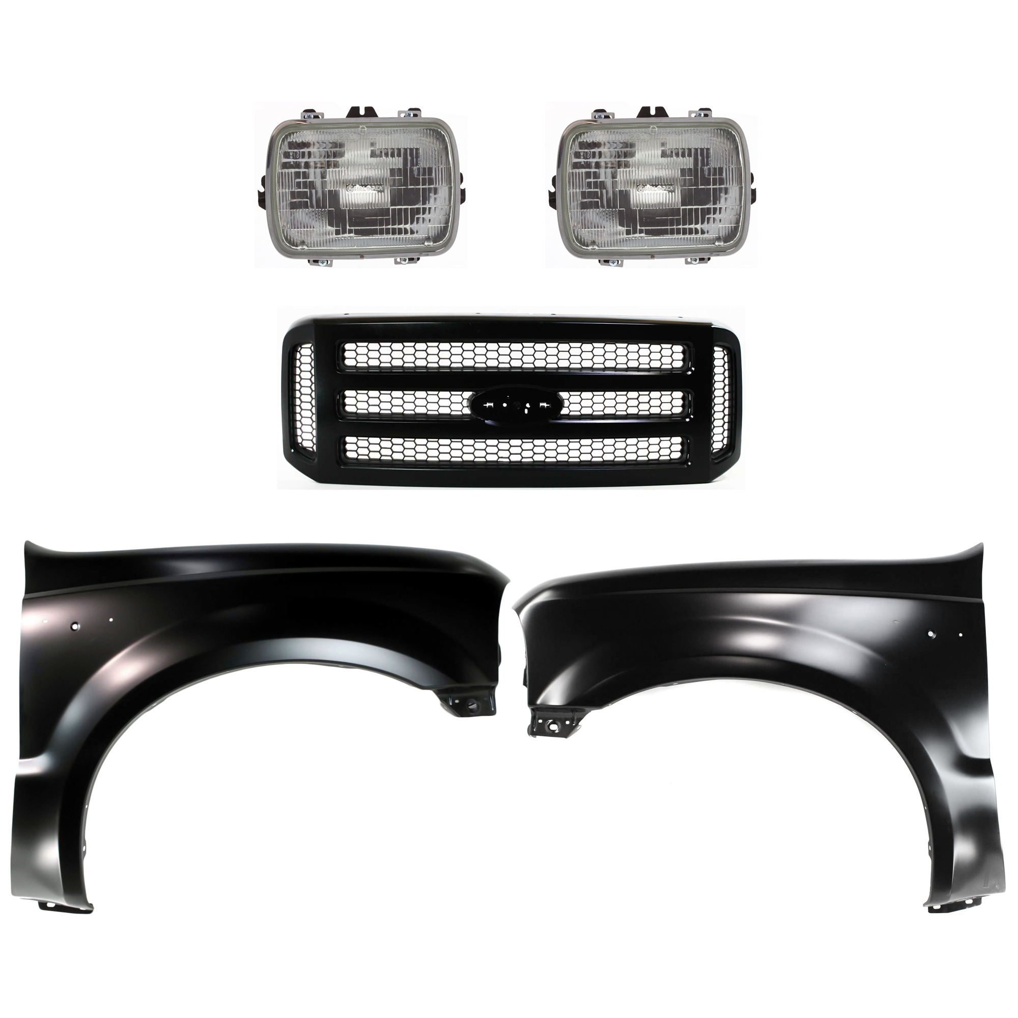 AM F 250 F 350 SUPER DUTY 05-07 FRONT FENDER RH AND LH 5 pc Kit Primed with Grille and Headlight SKU KIT 022123-373 Partslink FO1241208 FO1240208 FO1200457 GM2500112 OEM 25949657-5C3Z8200CAD 6C3Z8200C