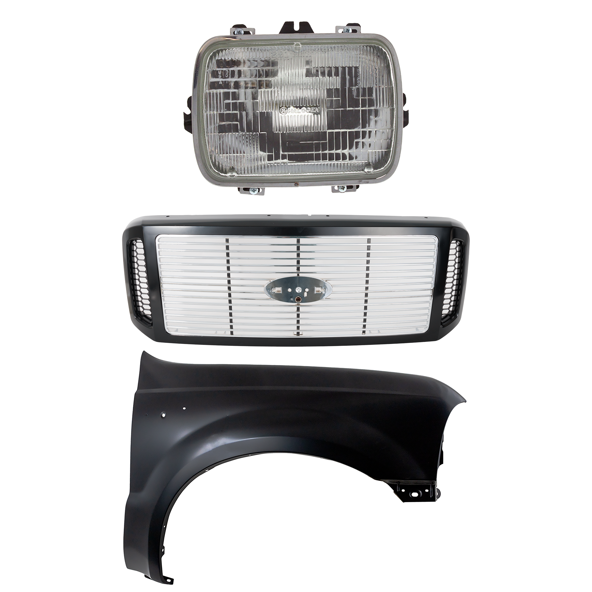 AM F 250 F 350 SUPER DUTY 05-07 GRILLE 3 pc Kit Horizontal Bar Insert Painted Black Shell w Chrome Insert with Fender and Headlight SKU KIT 022123-37701 Partslink FO1200458 FO1241208 GM2500112 OEM 6C3Z8200DH F81Z16005AA 2594965