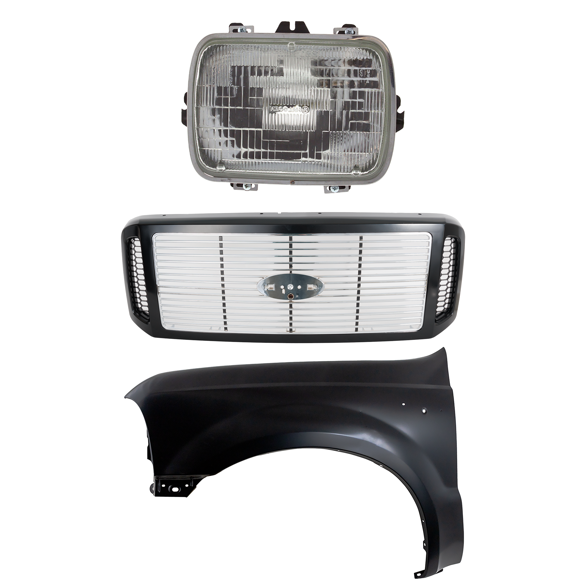 AM F 250 F 350 SUPER DUTY 05-07 GRILLE 3 pc Kit Horizontal Bar Insert Painted Black Shell w Chrome Insert with Fender and Headlight SKU KIT 022123-37702 Partslink FO1200458 FO1240208 GM2500112 OEM 6C3Z8200DH F81Z16006AA 2594965