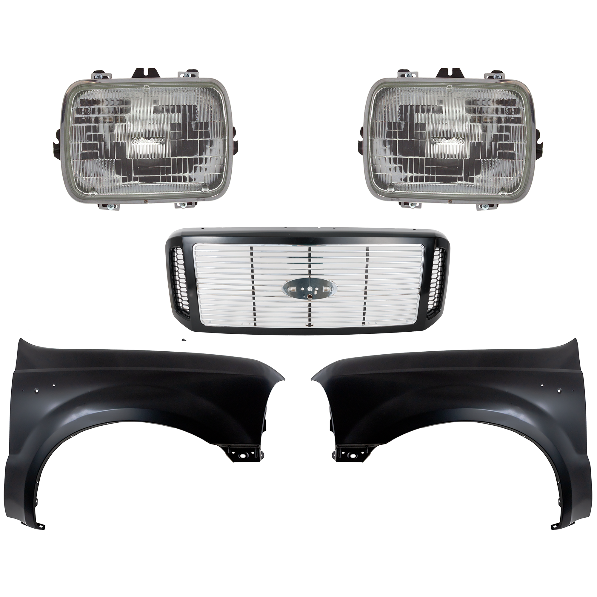 AM F 250 F 350 SUPER DUTY 05-07 GRILLE 5 pc Kit Horizontal Bar Insert Painted Black Shell w Chrome Insert with Fender and Headlight SKU KIT 022123-377 Partslink FO1200458 FO1240208 FO1241208 GM2500112 OEM 6C3Z8200DH F81Z16006AA F81Z160