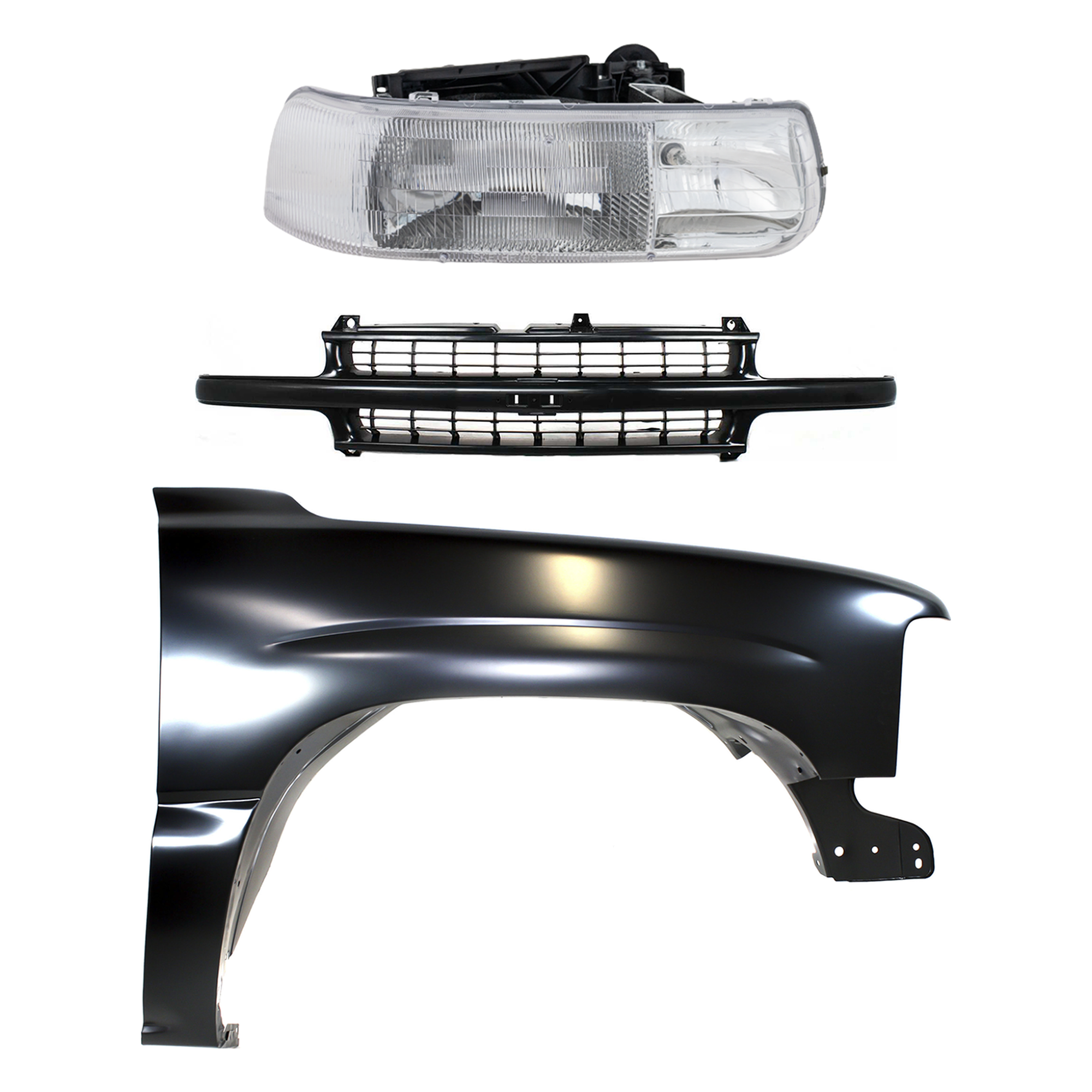 AM SUBURBAN 1500 TAHOE 00-06 FRONT FENDER RH Primed 3 pc kit w Grille Assembly and Headlight SKU KIT 022123-3801 Partslink GM1241267 GM1200490 GM2503187 OEM 12476220-19131244-16526134