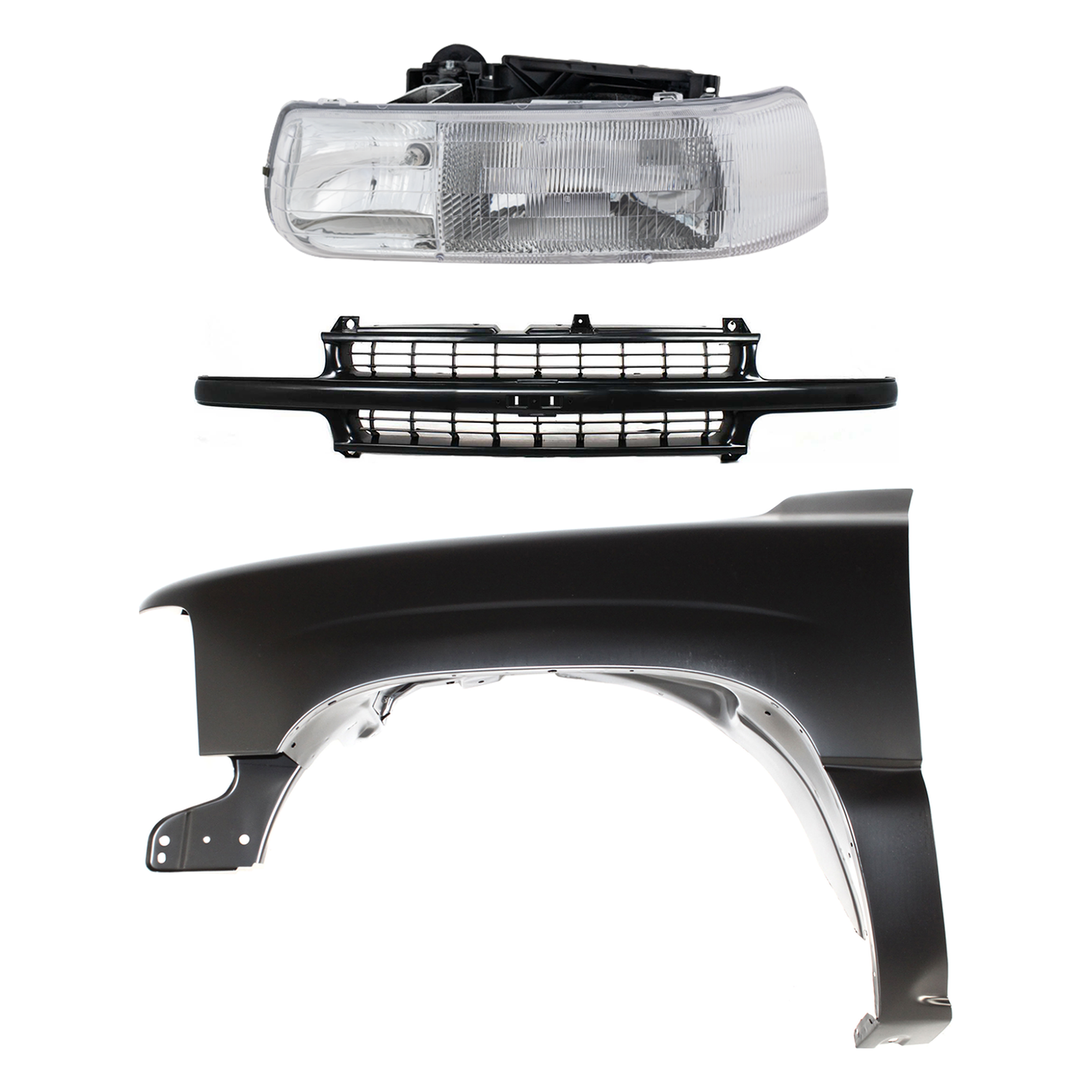 AM SUBURBAN 1500 TAHOE 00-06 FRONT FENDER LH Primed 3 pc kit w Grille Assembly and Headlight SKU KIT 022123-3802 Partslink GM1240267 GM1200490 GM2502187 OEM 19168844-19131244-16526133