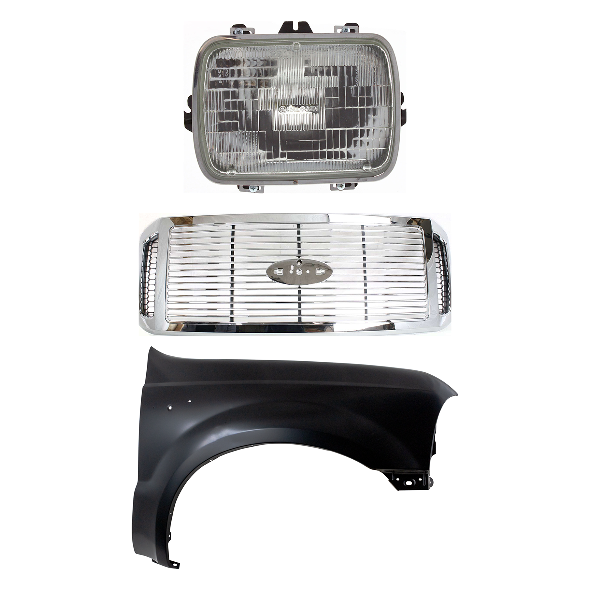 AM F 250 F 350 SUPER DUTY 06-07 GRILLE 3 pc Kit Horizontal Bar Insert w Honeycomb Side Insert Chrome with Fenders and Headlight SKU KIT 022123-38301 Partslink FO1200459 FO1241208 GM2500112 OEM 6C3Z8200AAA F81Z16005AA 259496