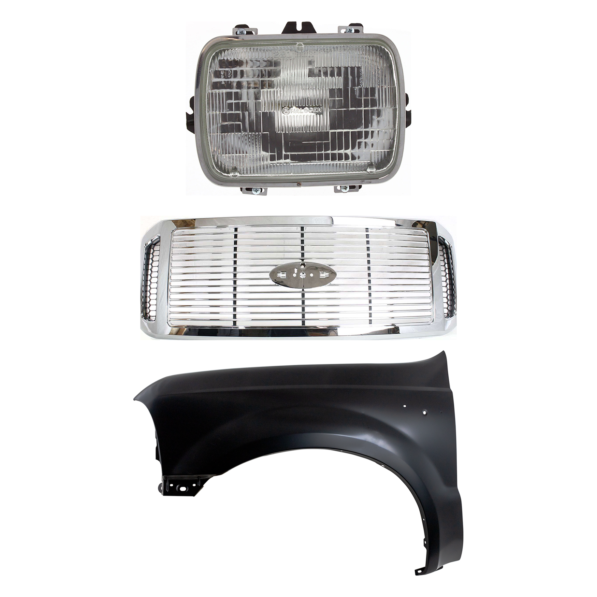 AM F 250 F 350 SUPER DUTY 06-07 GRILLE 3 pc Kit Horizontal Bar Insert w Honeycomb Side Insert Chrome with Fender and Headlight SKU KIT 022123-38302 Partslink FO1200459 FO1240208 GM2500112 OEM 6C3Z8200AAA F81Z16006AA 259496