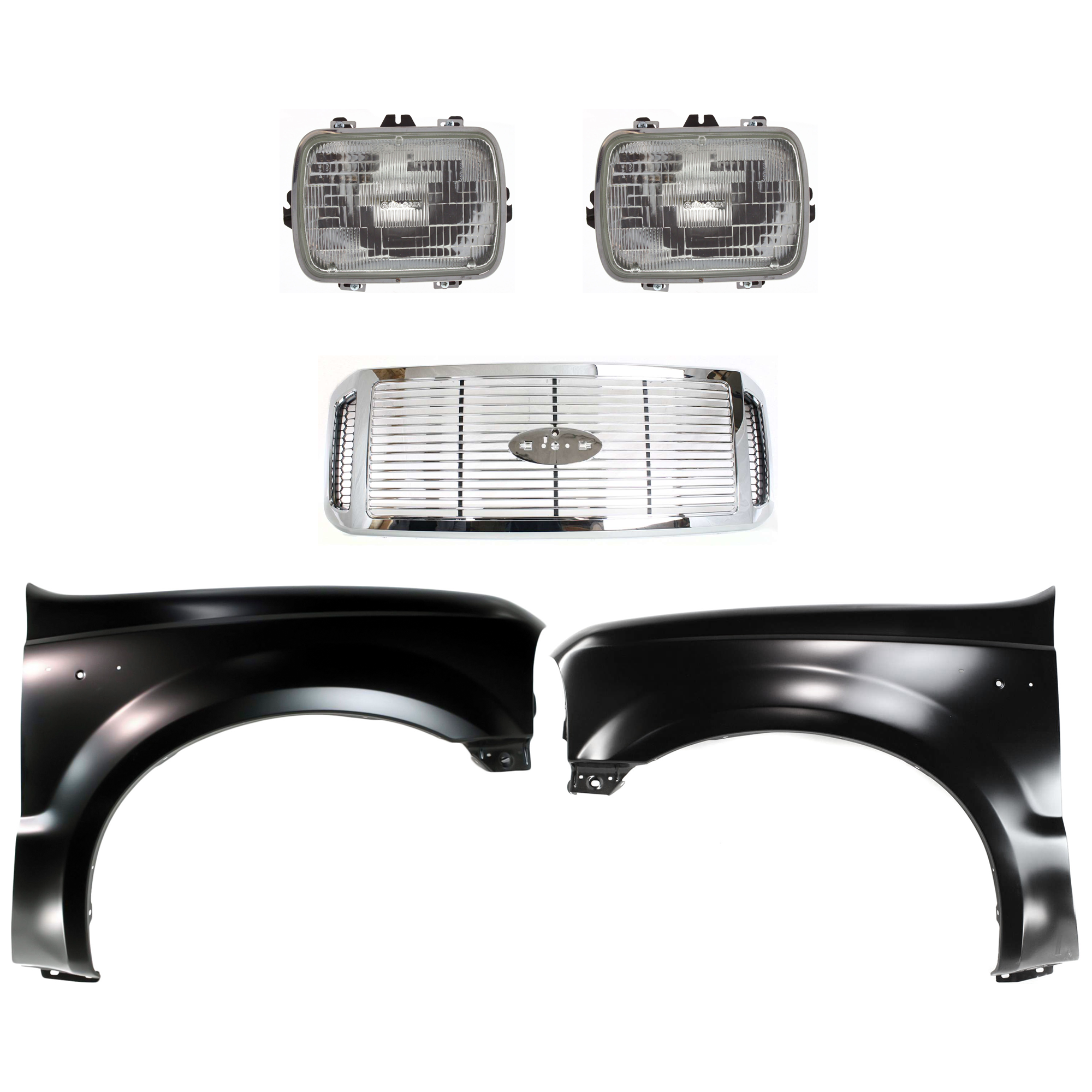 AM F 250 F 350 SUPER DUTY 06-07 GRILLE 5 pc Kit Horizontal Bar Insert w Honeycomb Side Insert Chrome with Fender and Headlight SKU KIT 022123-383 Partslink FO1200459 FO1240208 FO1241208 GM2500112 OEM 6C3Z8200AAA F81Z16006AA F81Z16