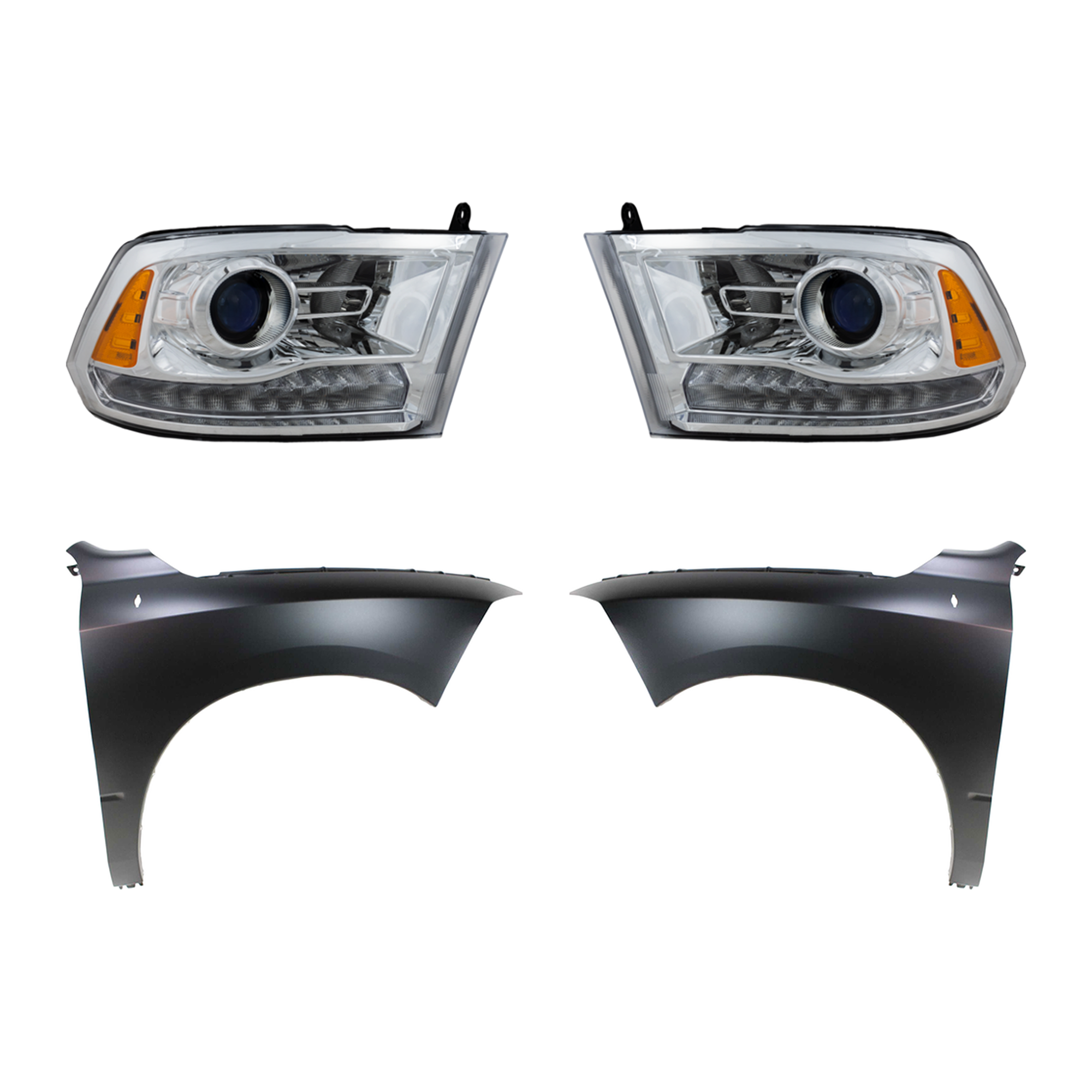 AM RAM FULL SIZE P U 09-12 HEAD LAMP RH AND LH Assembly Halogen 3 pc Kit with Fenders SKU KIT 022123-38903 Partslink CH2505129 CH1240269 CH1241269 OEM Performance 68054339AJ 6805433