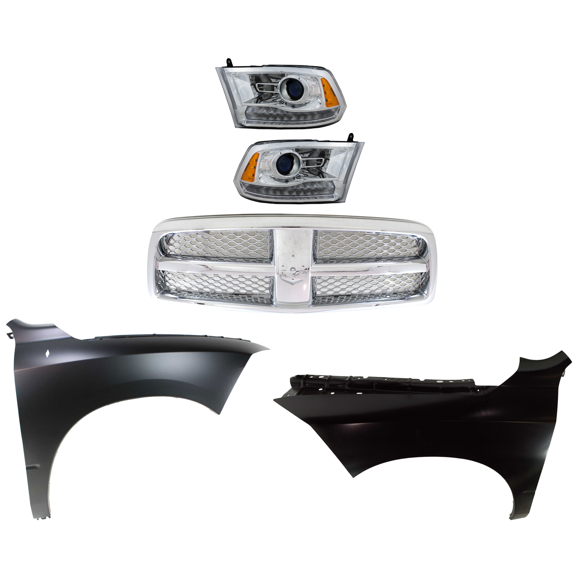 AM RAM 1500 P U 09-12 HEAD LAMP RH AND LH Assembly Halogen 4 pc Kit with Fenders and Grille SKU KIT 022123-389 Partslink CH2505129 CH1240269 CH1241269 CH1200326 OEM Performance 68054339AJ 6805433