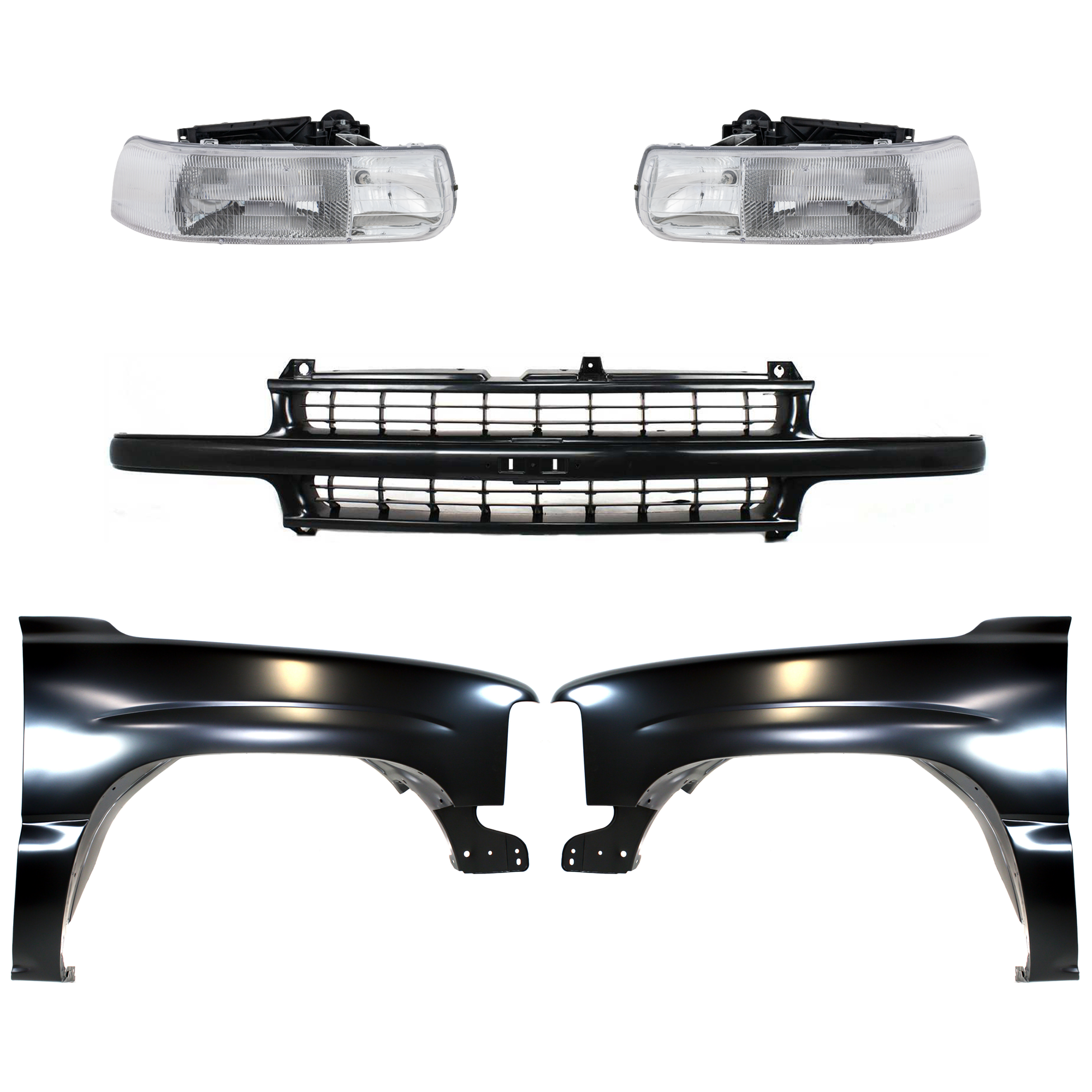 AM SUBURBAN 1500 TAHOE 00-06 FRONT FENDER RH AND LH Primed 5 pc kit w Grille Assembly and Headlights SKU KIT 022123-38 Partslink GM1240267 GM1241267 GM1200490 GM2502187 GM2503187 OEM 12476220-19168844-19131244-165
