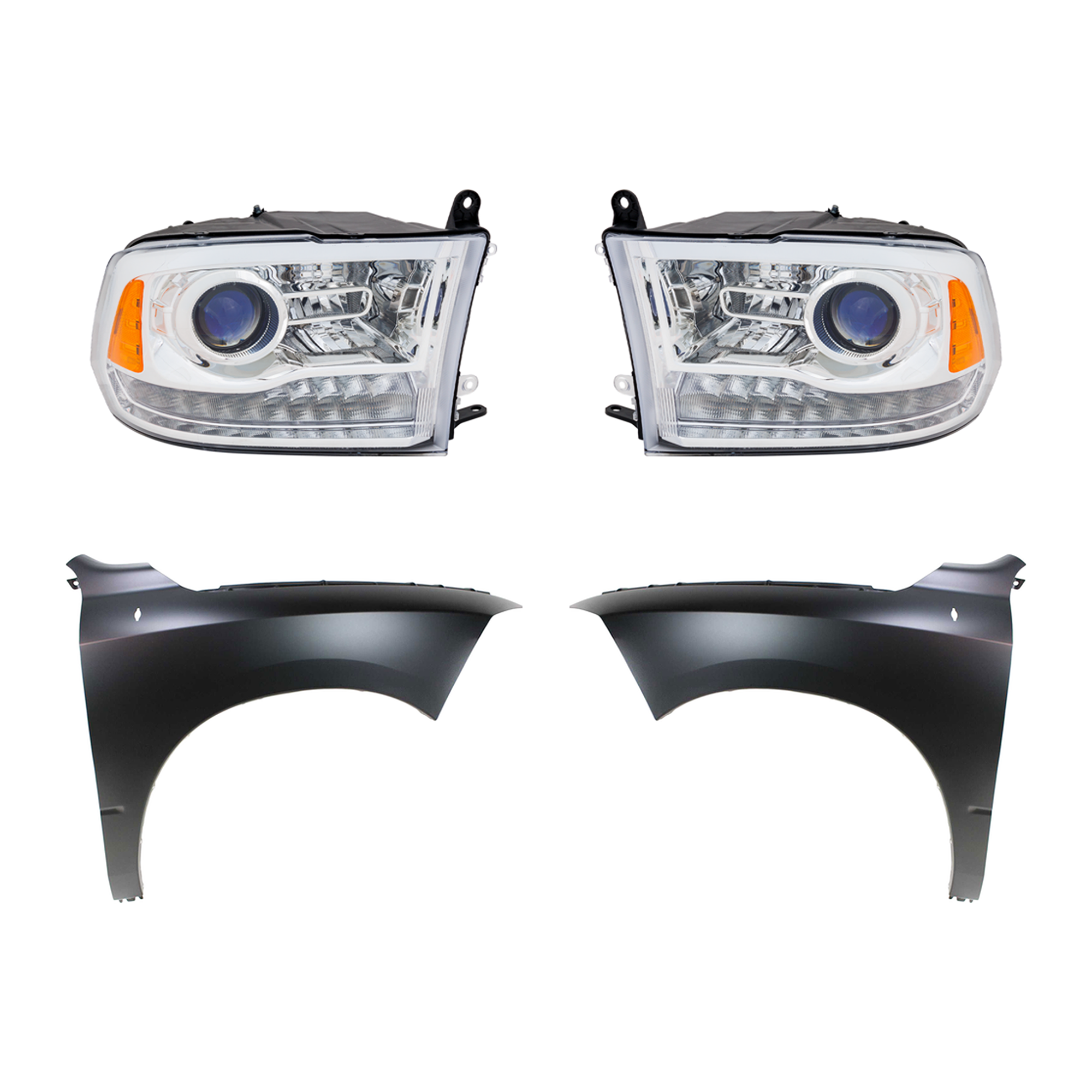 AM RAM FULL SIZE P U 09-12 HEAD LAMP RH AND LH Assembly Halogen 4 pc Kit with Fenders SKU KIT 022123-39003 Partslink CH2505130 CH1240269 CH1241269 OEM 55277409AG PFM 55277409AF PFM