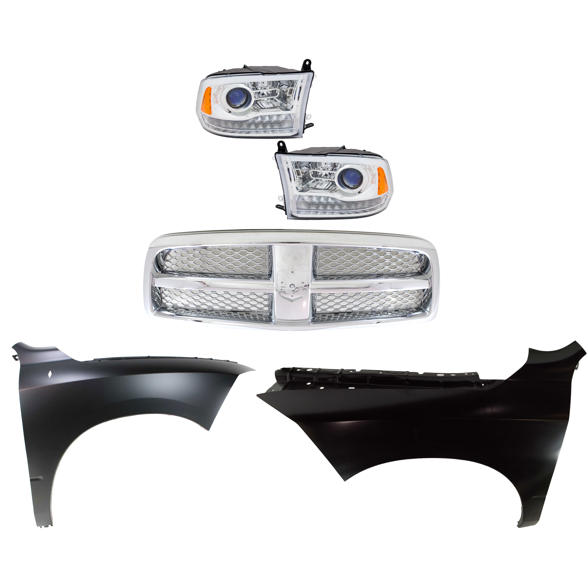 AM RAM 1500 P U 09-12 HEAD LAMP RH AND LH Assembly Halogen 5 pc Kit with Fenders and Grille SKU KIT 022123-390 Partslink CH2505130 CH1240269 CH1241269 CH1200326 OEM 55277409AG PFM 55277409AF PFM
