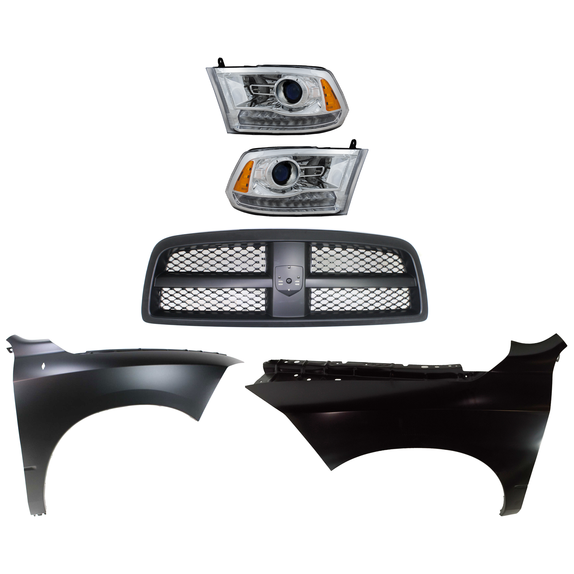 AM RAM 1500 P U 09-12 HEAD LAMP RH AND LH Assembly Halogen 4 pc Kit with Fenders and Grille SKU KIT 022123-393 Partslink CH2505129 CH1240269 CH1241269 CH1200327 OEM Performance 68054339AJ 6805433