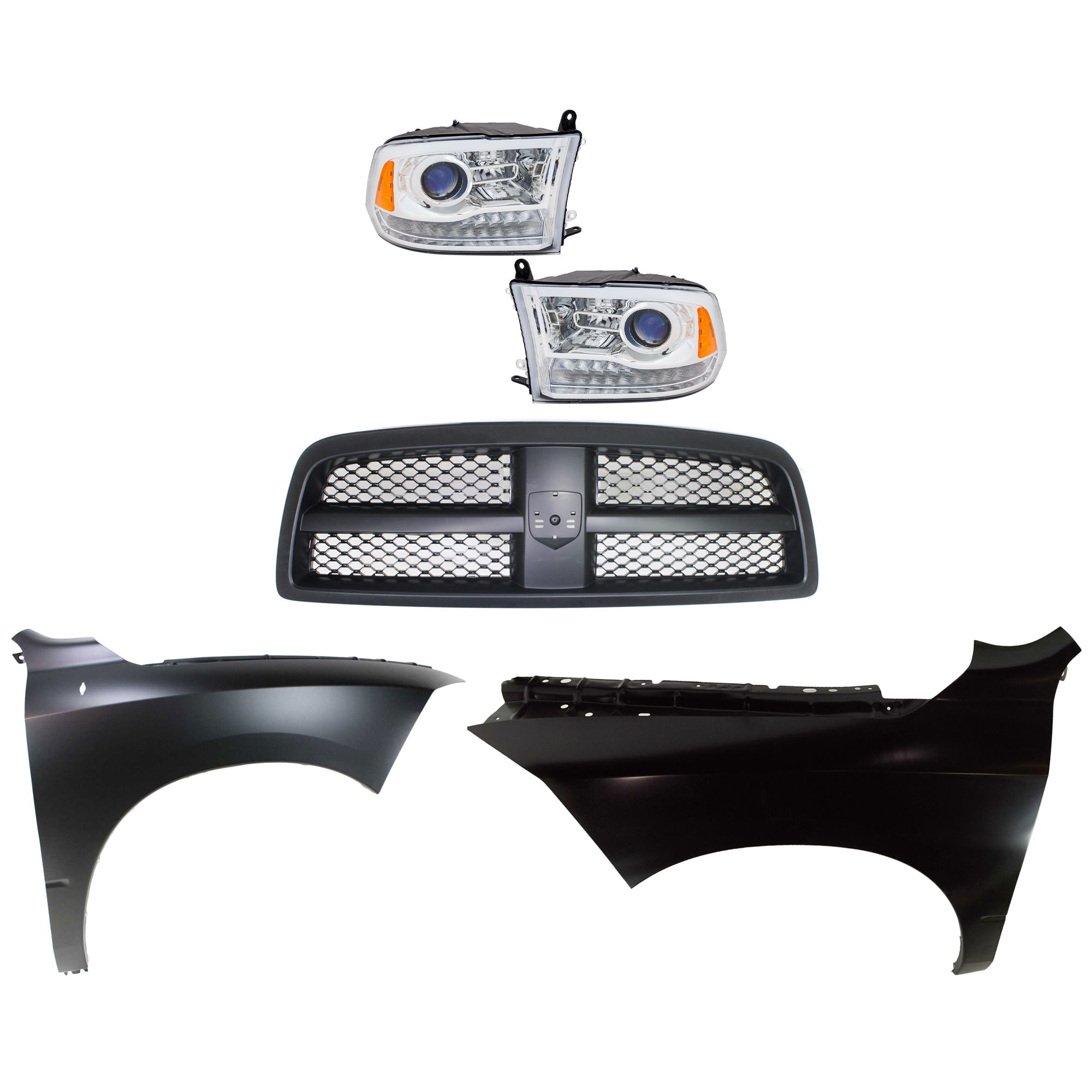 AM RAM 1500 P U 09-12 HEAD LAMP RH AND LH Assembly Halogen 5 pc Kit with Fenders and Grille SKU KIT 022123-394 Partslink CH2505130 CH1240269 CH1241269 CH1200327 OEM 55277409AG PFM 55277409AF PFM