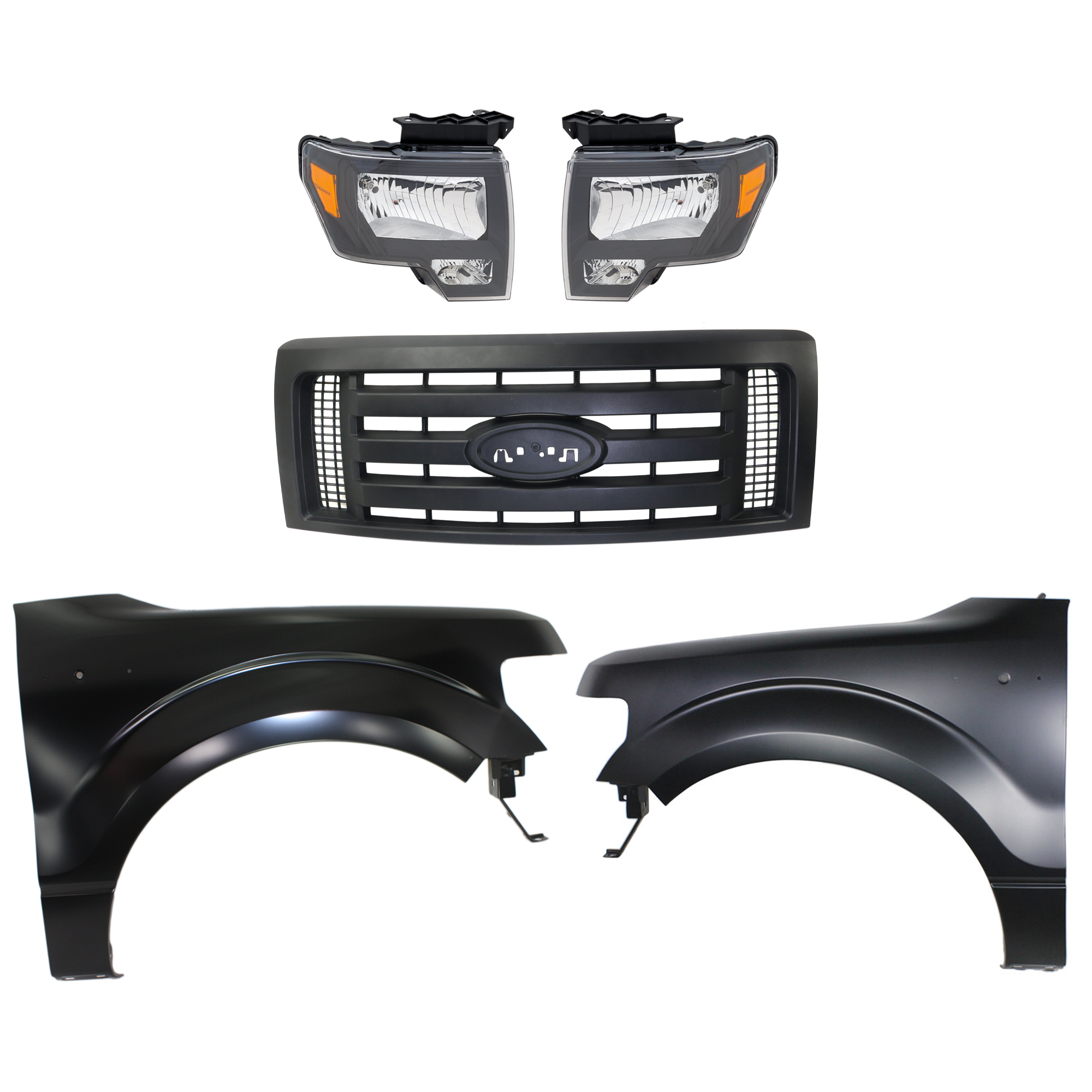 AM F 150-09-12 GRILLE Textured Dark Gray Shell and Insert 5 pc Kit with Fenders and Headlights SKU KIT 022123-418 Partslink FO1200510C FO1240272C FO1241272C OEM 9L3Z8200A BL3Z16006A CL3Z16005
