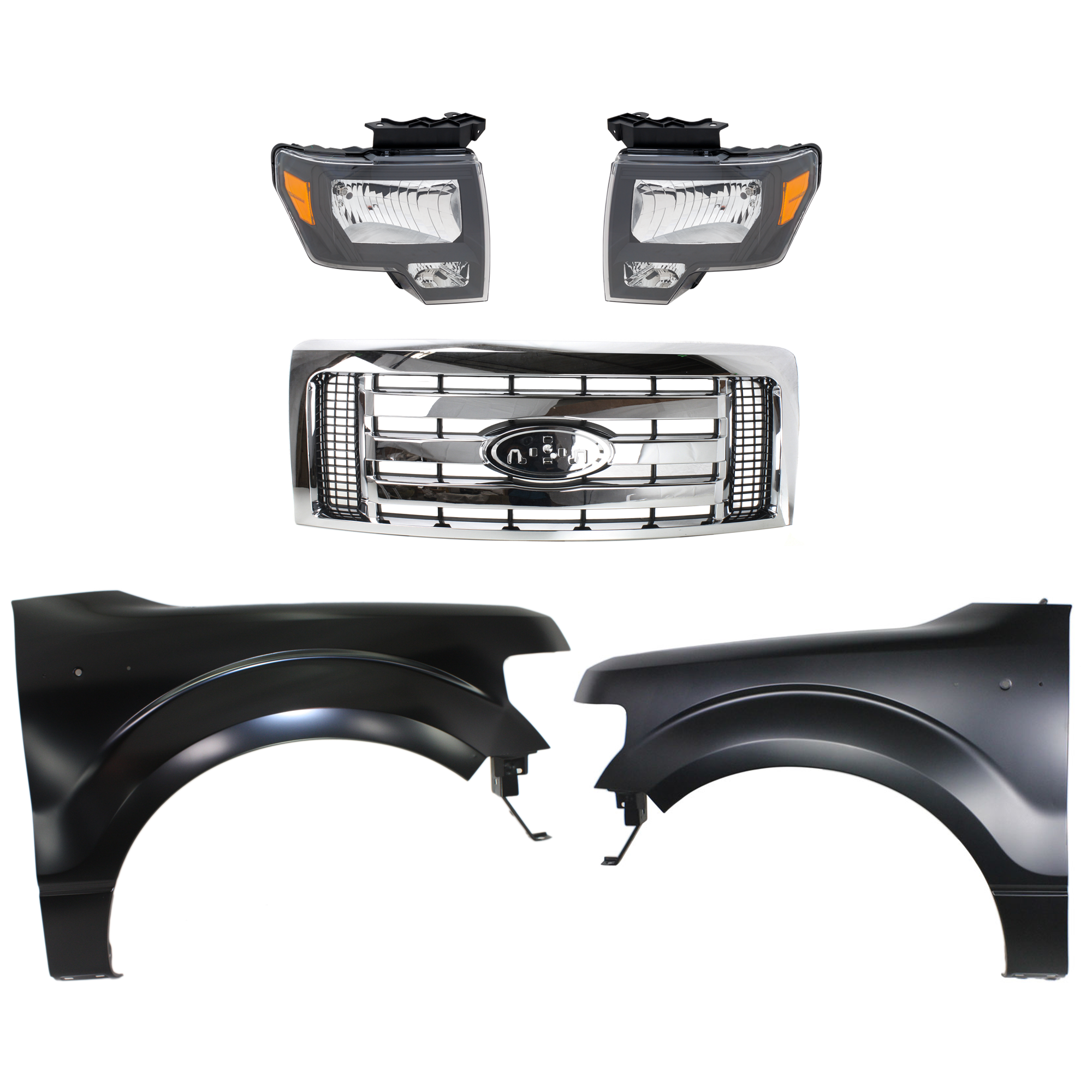 AM F 150-09-12 GRILLE Chrome Shell with Black Insert 5 pc Kit with Fenders and Headlights SKU KIT 022123-422 Partslink FO1200511C FO1240272C FO1241272C OEM 9L3Z8200D BL3Z16006A CL3Z16005