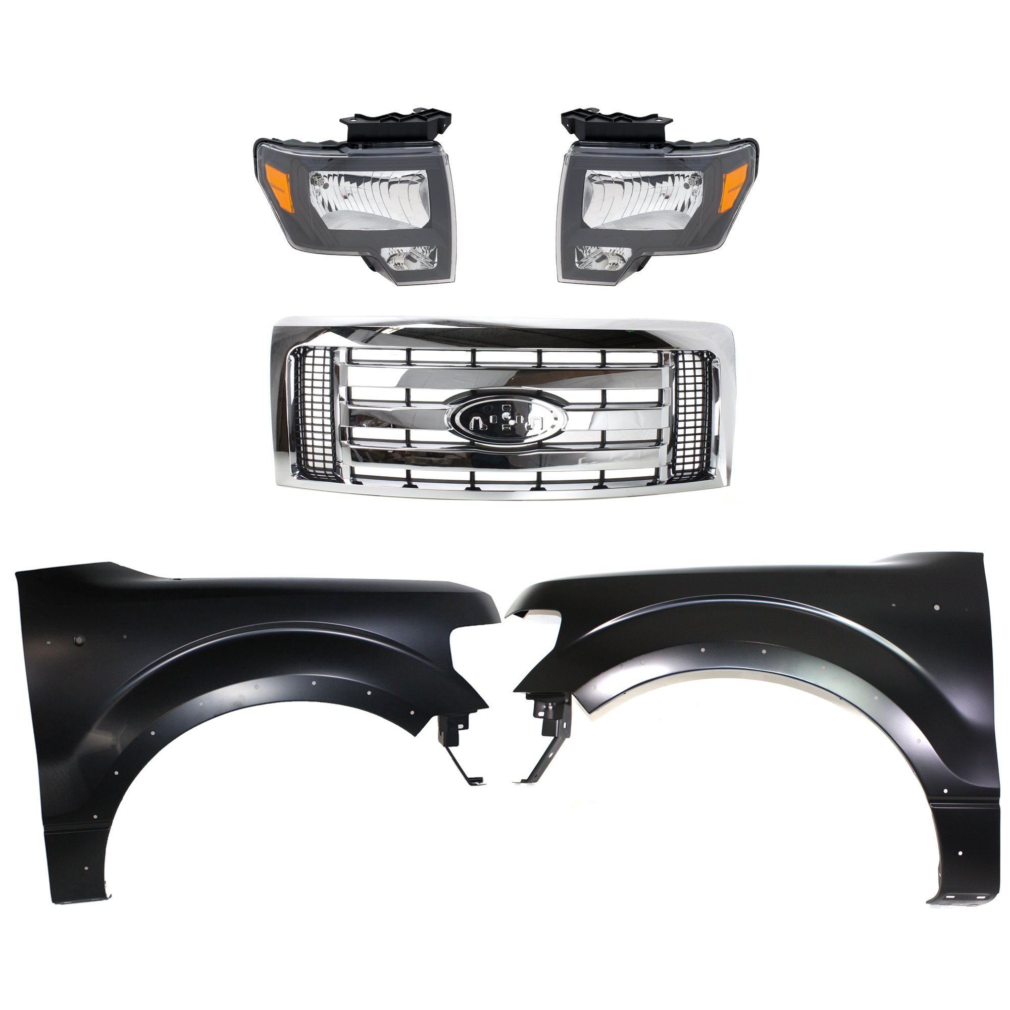 AM F 150-09-12 GRILLE Chrome Shell with Black Insert 5 pc Kit with Fenders and Headlights SKU KIT 022123-424 Partslink FO1200511C FO1240273C FO1241273C OEM 9L3Z8200D BL3Z16006B CL3Z16005
