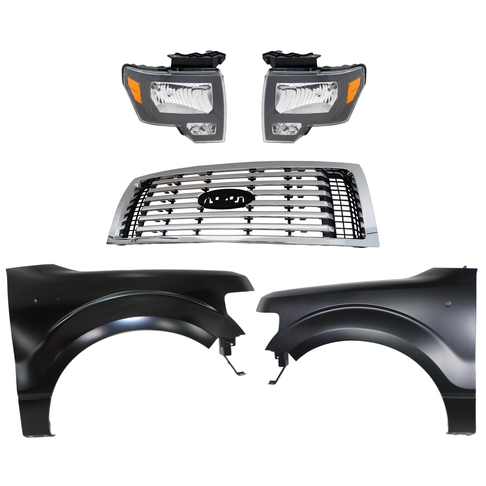 AM F 150-10-12 GRILLE Chrome Shell and Insert 5 pc Kit with Fenders and Headlights SKU KIT 022123-438 Partslink FO1200531C FO1240272C FO1241272C OEM AL3Z8200C BL3Z16006A CL3Z16005