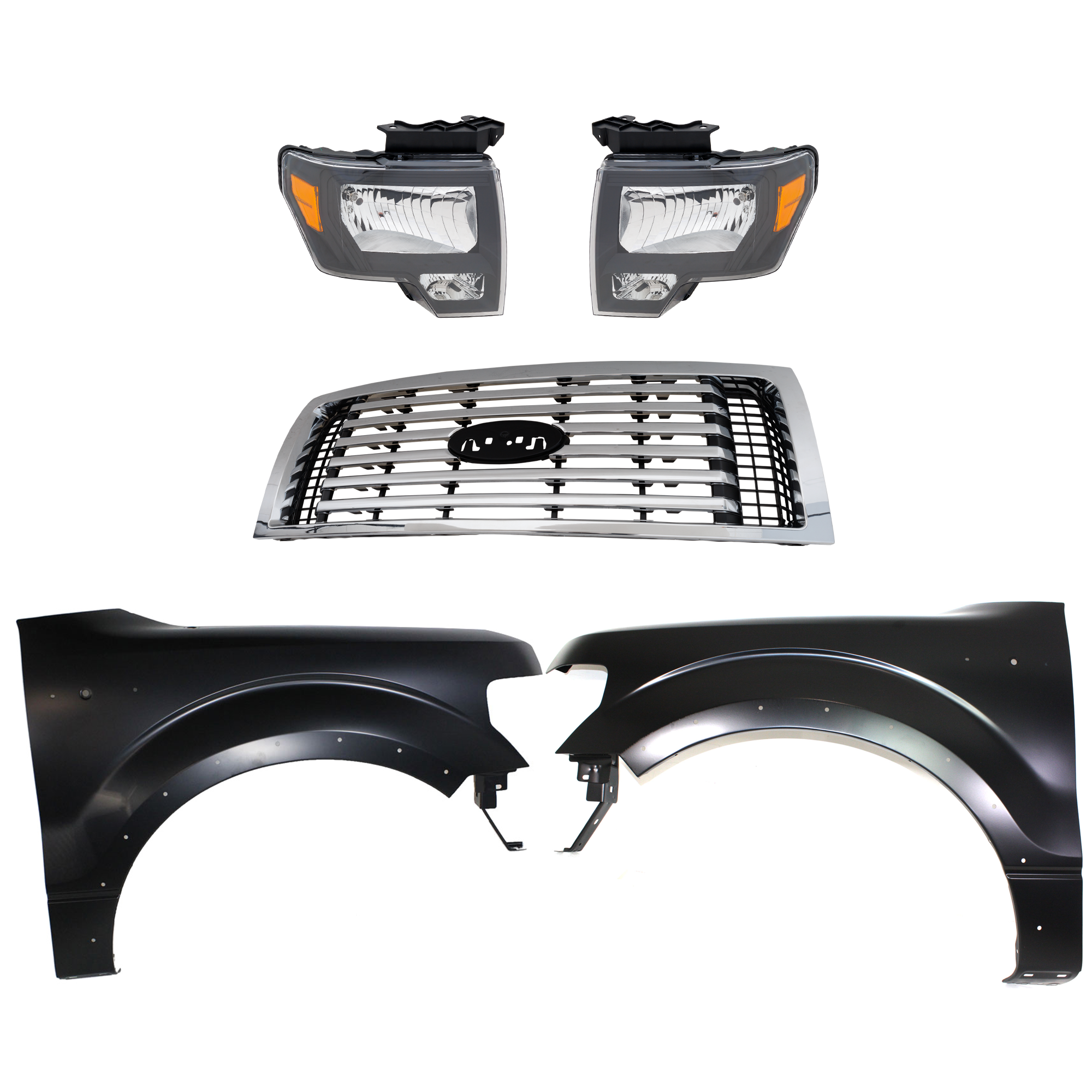 AM F 150-10-12 GRILLE Chrome Shell and Insert 5 pc Kit with Fenders and Headlights SKU KIT 022123-440 Partslink FO1200531C FO1240273C FO1241273C OEM AL3Z8200C BL3Z16006B CL3Z16005