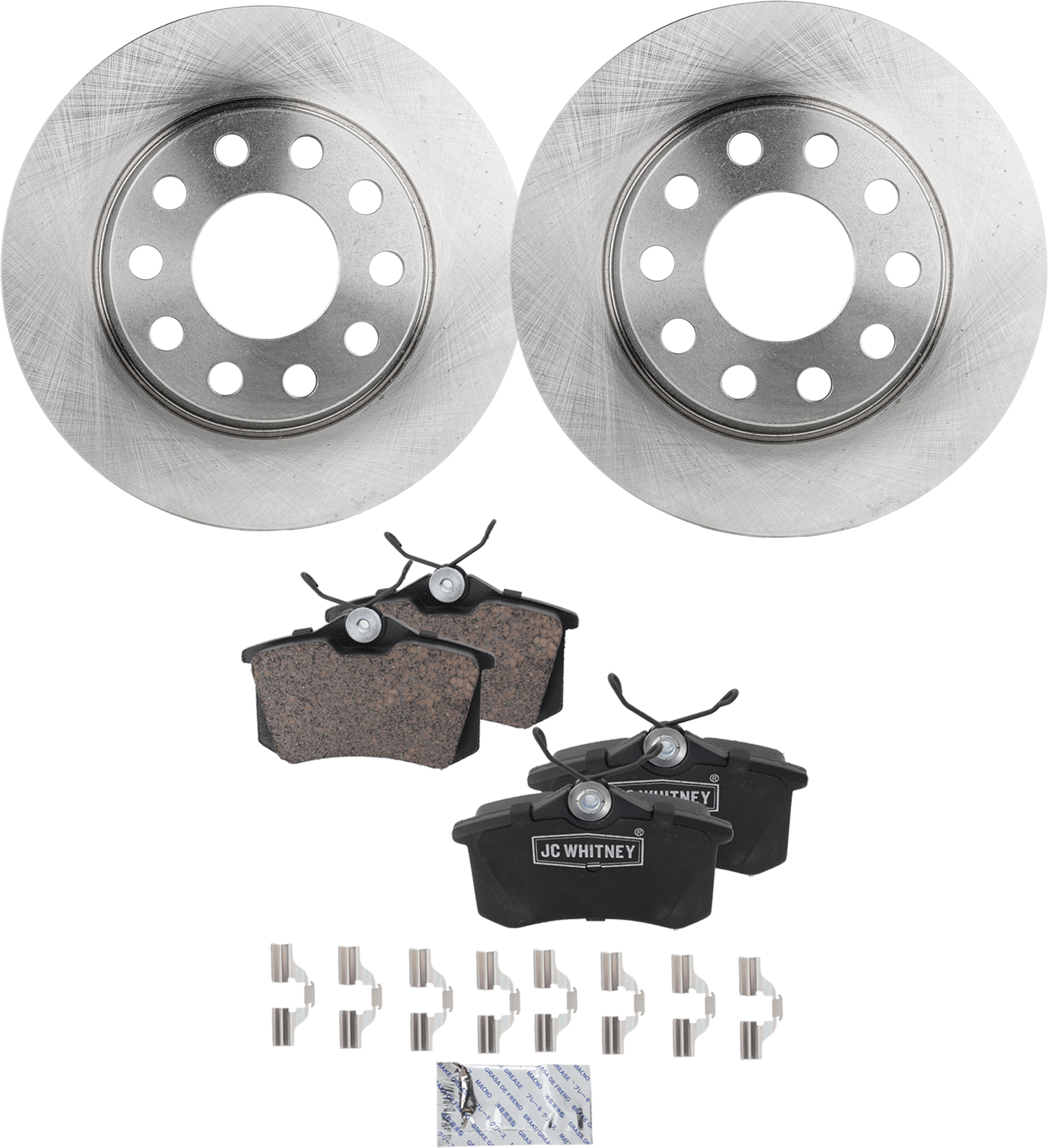 AM A4-02-05 A4 QUATTRO 03-06 REAR BRAKE DISC AND PAD KIT 2 Wheel Set Plain Surface 5 Lugs Cast Iron Non Asbestos Organic SKU KIT 022123-479 OEM 34217-34301-45429-850051-88043