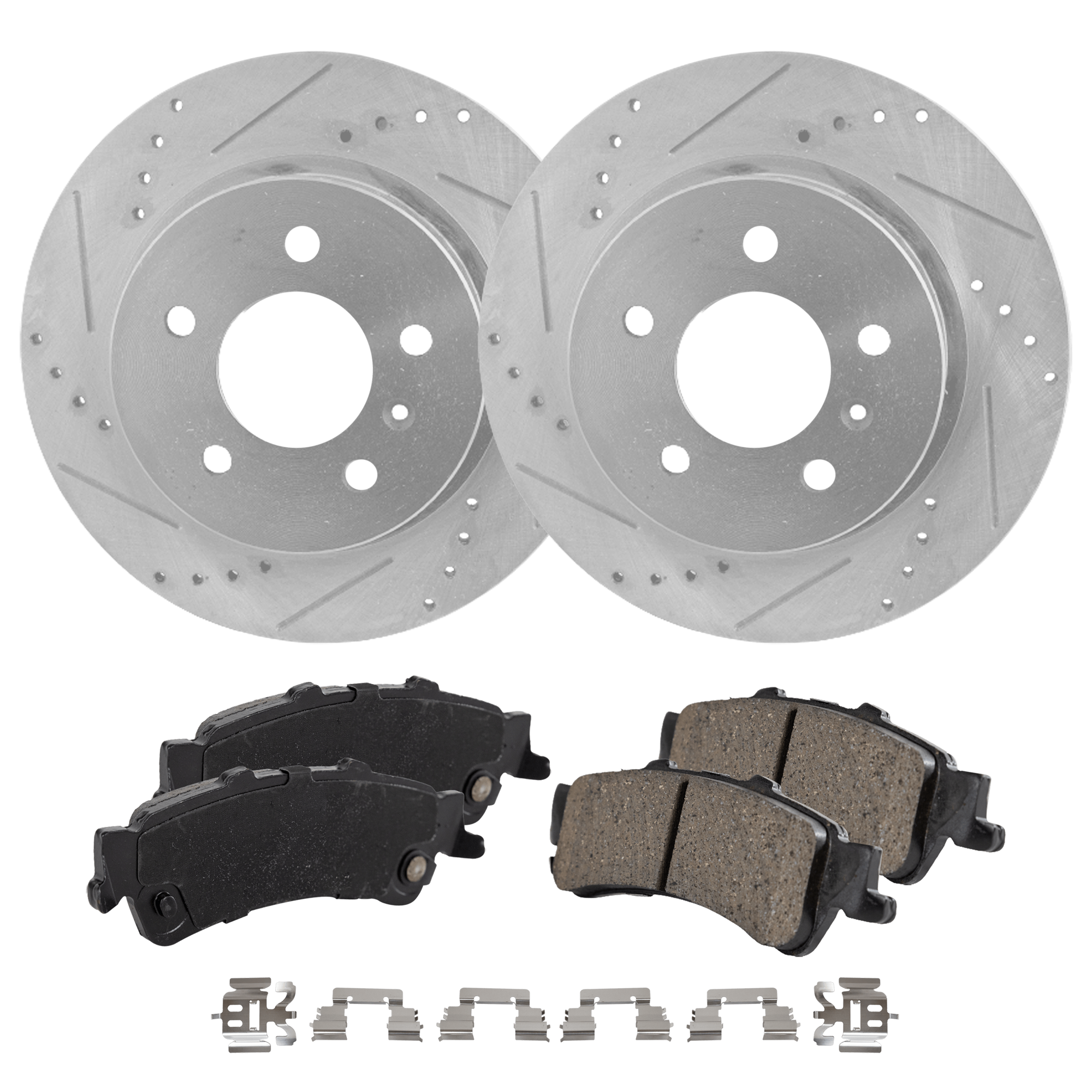 AM DTS 06-11 REAR BRAKE DISC AND PAD KIT 4 pc Kit Cross drilled and Slotted Ceramic SKU KIT 022123-482 OEM 41219-55127-60286-580405-90027